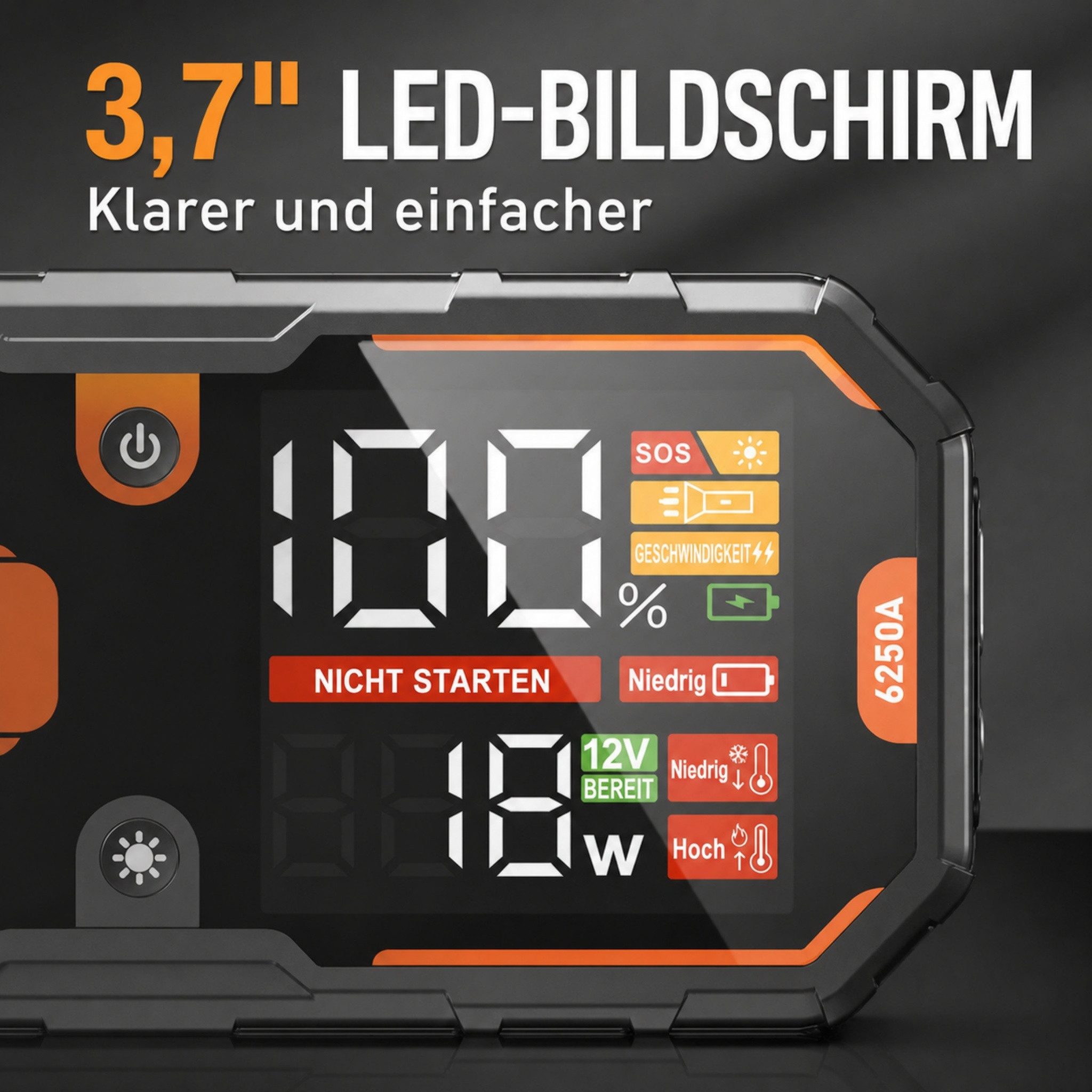 Blossom Auto-Starthilfe 6250A mit Powerbank, 3,7" LED-Display, 18W USB-C PD Starthilfegerät 32000 mAh (12 V), LED-Licht, 12V Batteriestarter für Benzin- & Dieselmotoren bis 13L