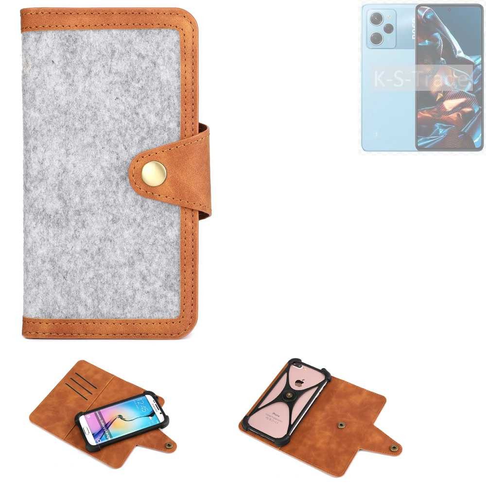 K-S-Trade Handyhülle für POCO X5 Pro 5G, Handyhülle Schutzhülle Filz-Hülle Kunst-Leder hellgrau braun
