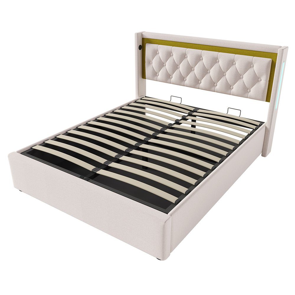 Polsterbett (160x200cm Doppelbett mit Lattenrost, LED-Beleuchtung und Matratze), Stauraumbett mit USB Typ C Ladefunktion Kopfteil, Baumwolle-Leinen
