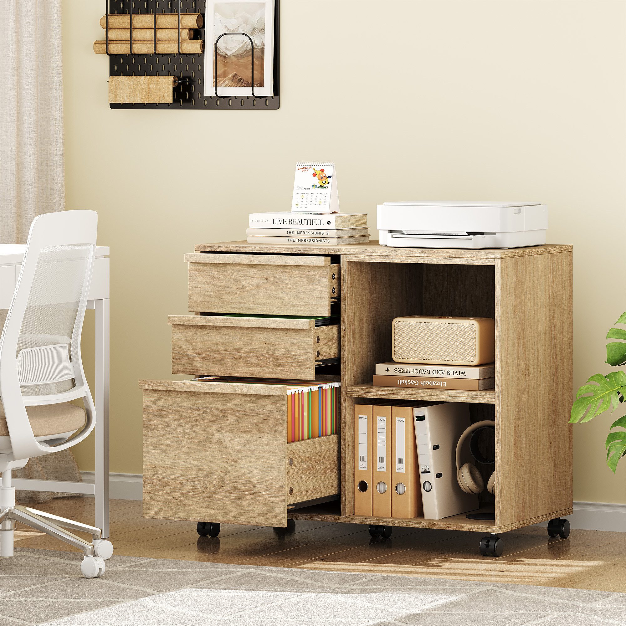 GarveeMore Aktenschrank Container Stauraumschrank mit 3 Schubladen und offenen Ablagefächern (1-St) hoch 67cm, mit Rolle Computerschrank Beistellschrank Mehrzwe – Bild 4 von 5