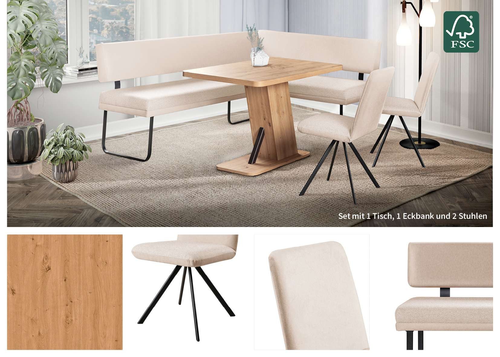 OTTO home Eckbankgruppe Gabi Essecke, Sitzgruppe, Eckbankgruppe, Küchenbankgruppe, (Set, 4-tlg., 4tlg), Gestell aus matt-schwarzem Flachmetall, stabil, 2-Stoff-Design