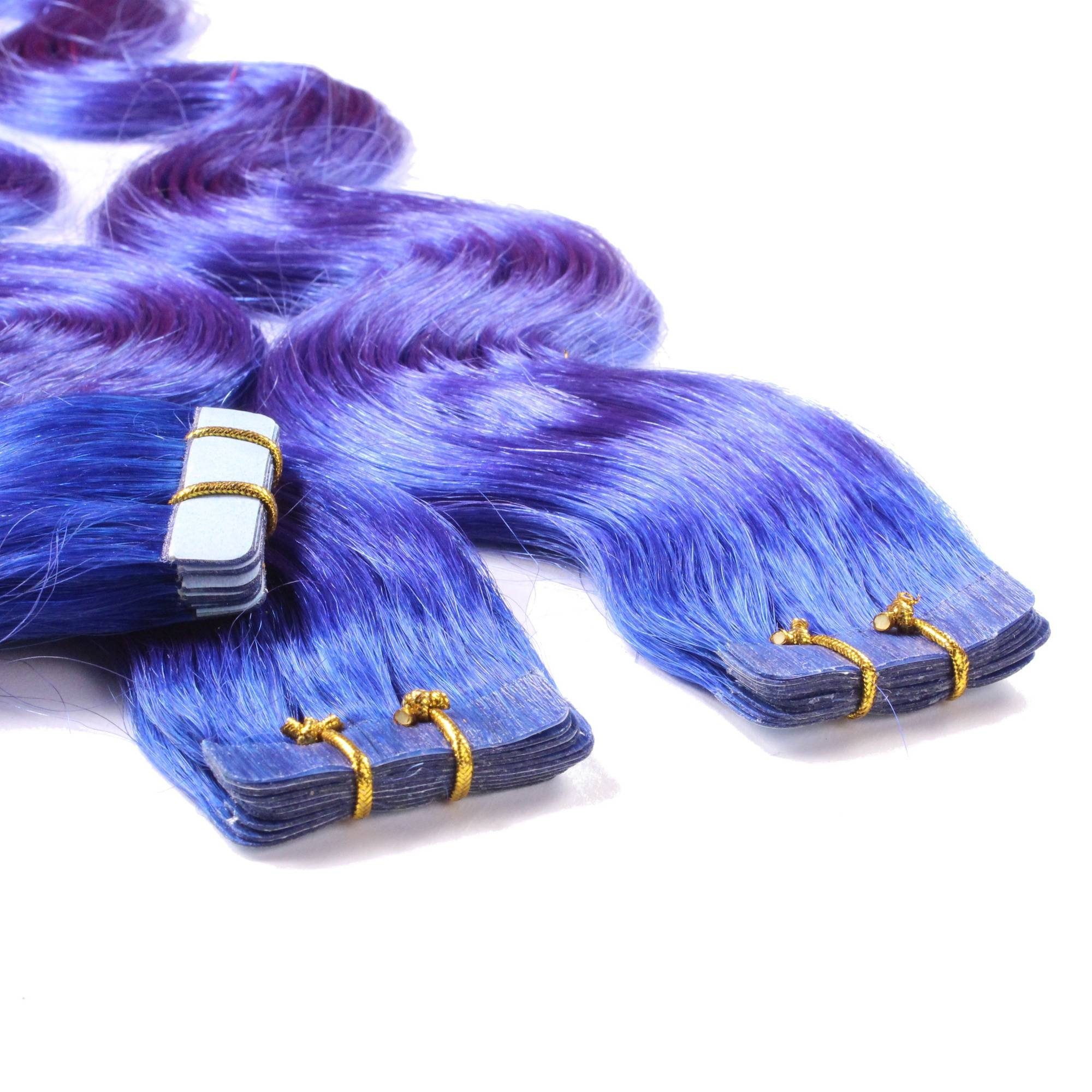 gewellt #Blau 50cm Echthaar-Extension Tape Extensions hair2heart