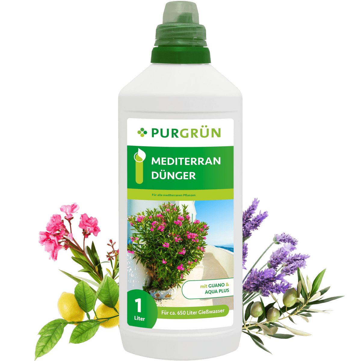 Universaldünger Purgrün Mediterran Dünger, NPK 8+8+6, für Blütenpracht, 1L
