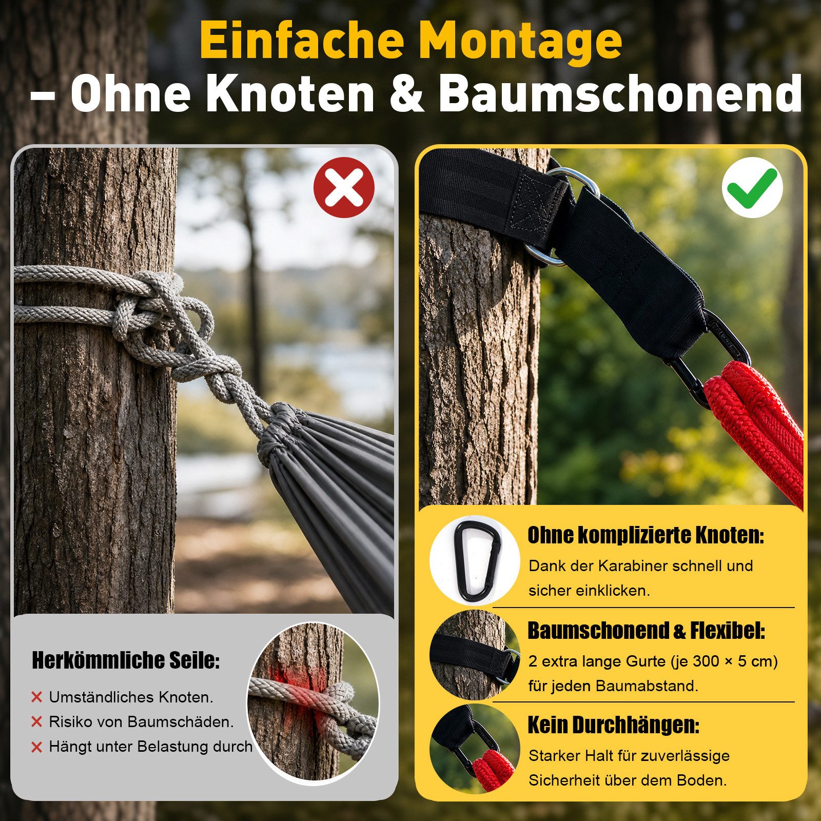 Sekey Hängematte mit Karabinern Tragetasche aus Baumwolle Doppelhängematte für Outdoor, bis 200 kg belastbar, für Garten, Balkon, Terrasse, Indoor und Camping – Bild 4 von 5