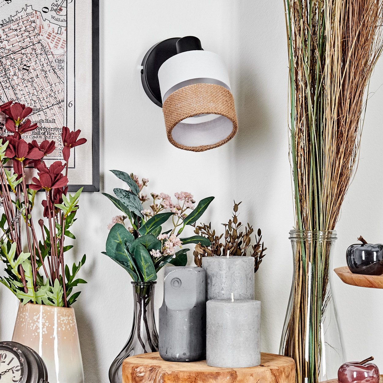 hofstein Wandleuchte Wandlampe aus Metall/Stoff/Leinen in Schwarz/Weiß/Natur, ohne Leuchtmittel, verstellbare Wandleuchte im modernen Boho-Design (Schirm 9 cm), E14