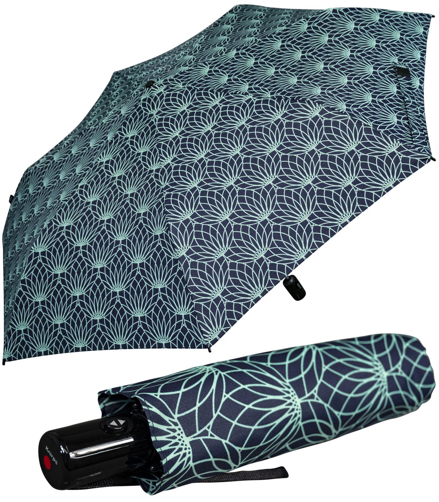Knirps® Taschenregenschirm leichter, kompakter Schirm mit Auf-Zu-Automatik, mit UV-Schutz - Linien Renature green schwarz-türkis
