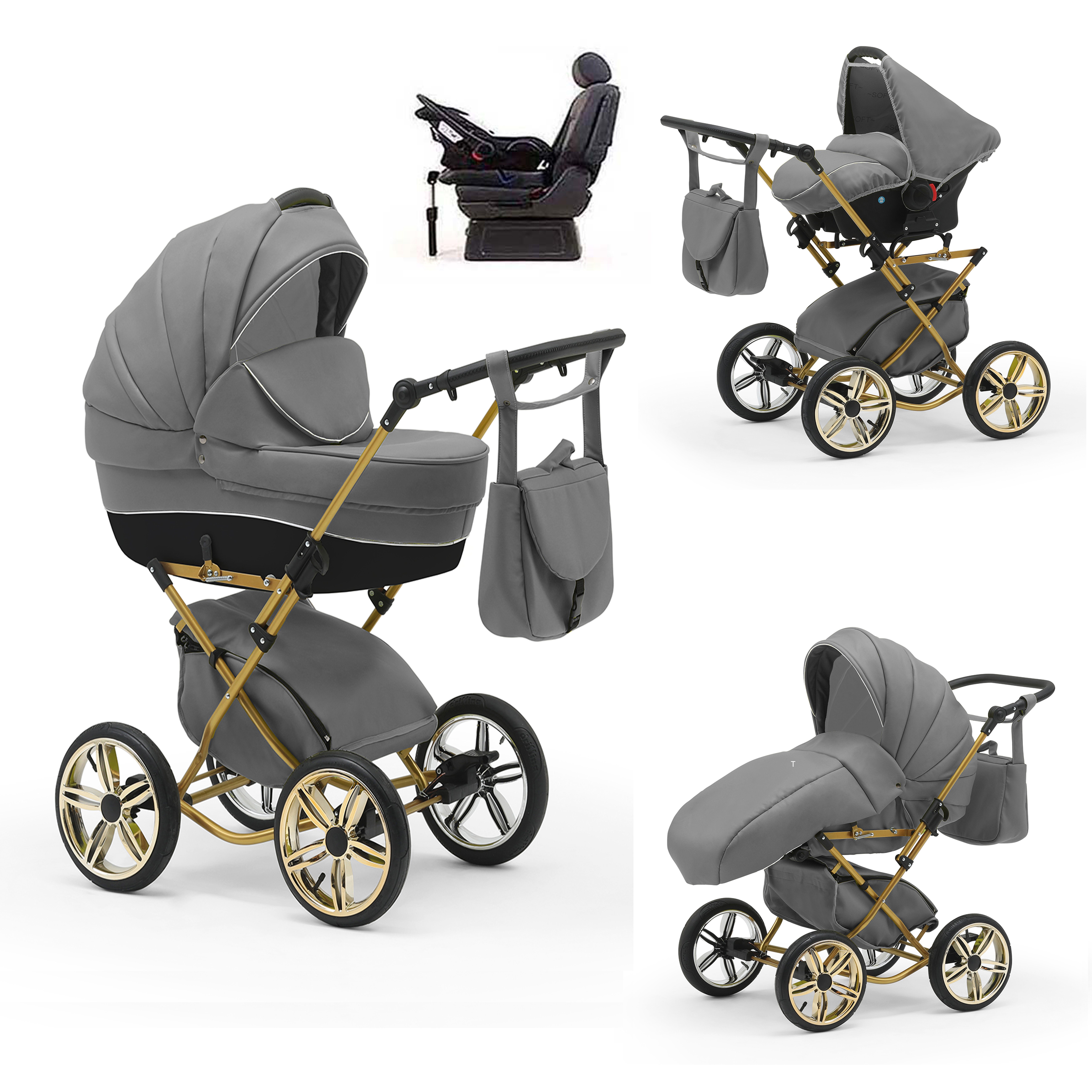 babies-on-wheels Kombi-Kinderwagen Sorento 4 in 1 inkl. Autositz und Iso Base - 14 Teile - in 10 Designs Grau