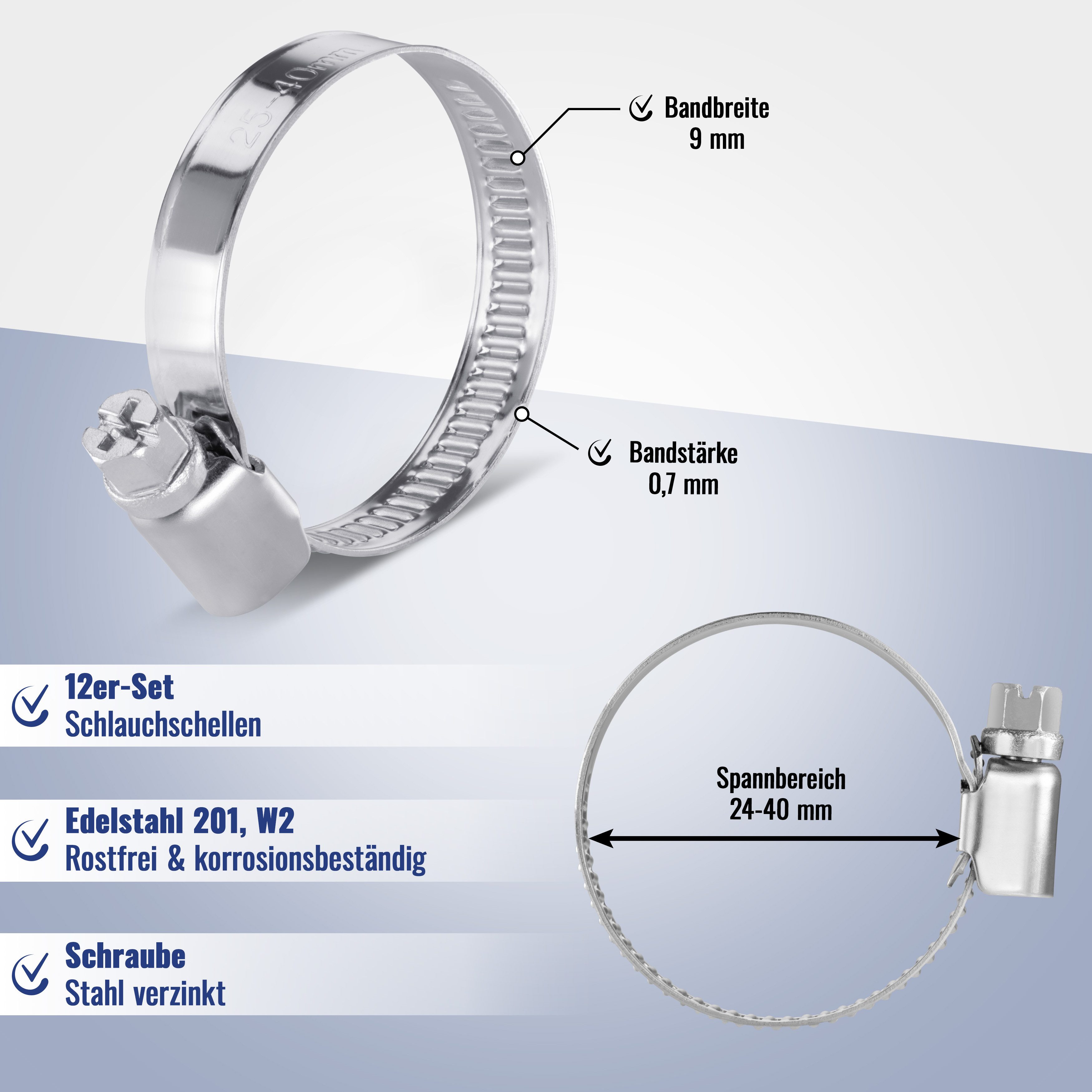 Poppstar Schlauchschelle Edelstahl Schlauchschellen verstellbar (Bandbreite 9 mm), (Spannbereich 25-40 mm, 12-St), Rohrschellen-Set mit hoher Zugkraft