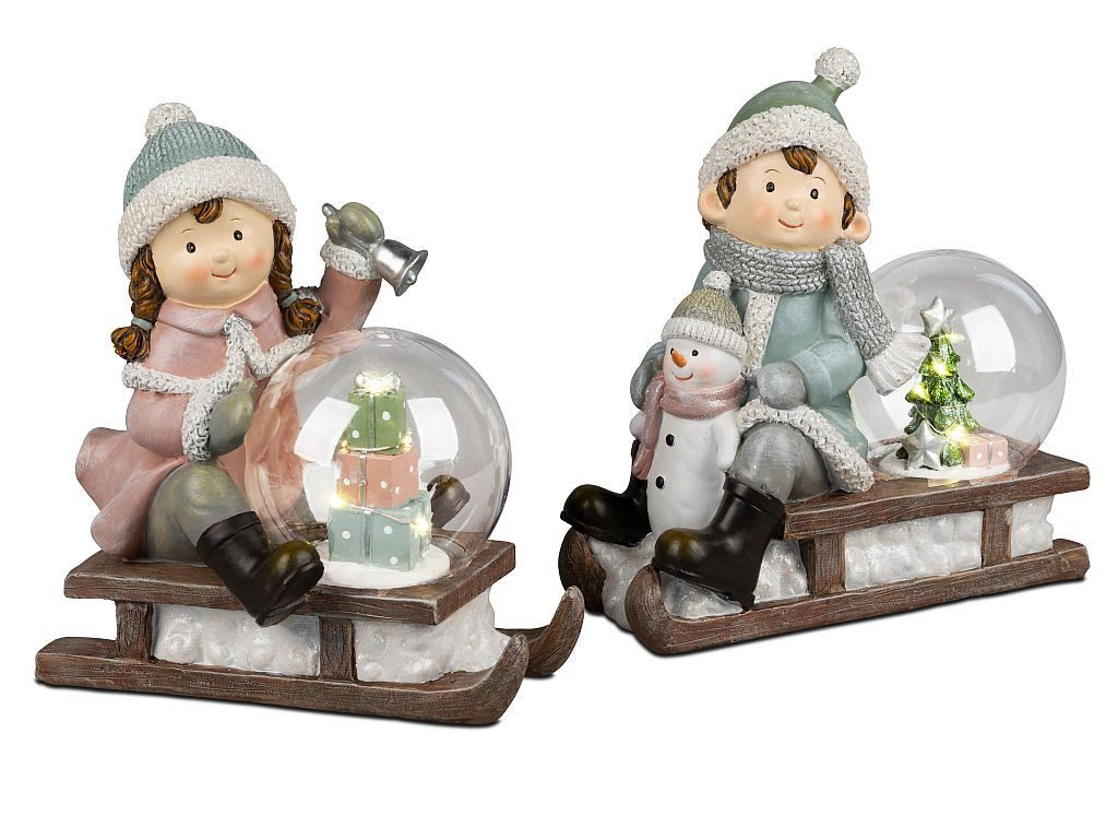 formano Dekofigur Nostalgische Winterkinder auf Schlitten mit LED Beleuchtung