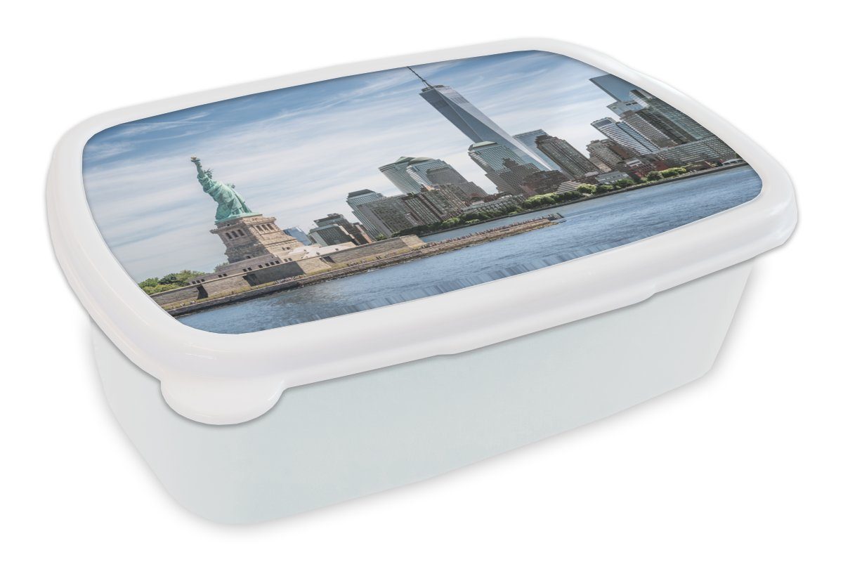MuchoWow Lunchbox New York - Freiheitsstatue - Wasser, Kunststoff, (2-tlg), Brotbox für Kinder und Erwachsene, Brotdose, für Jungs und Mädchen weiß
