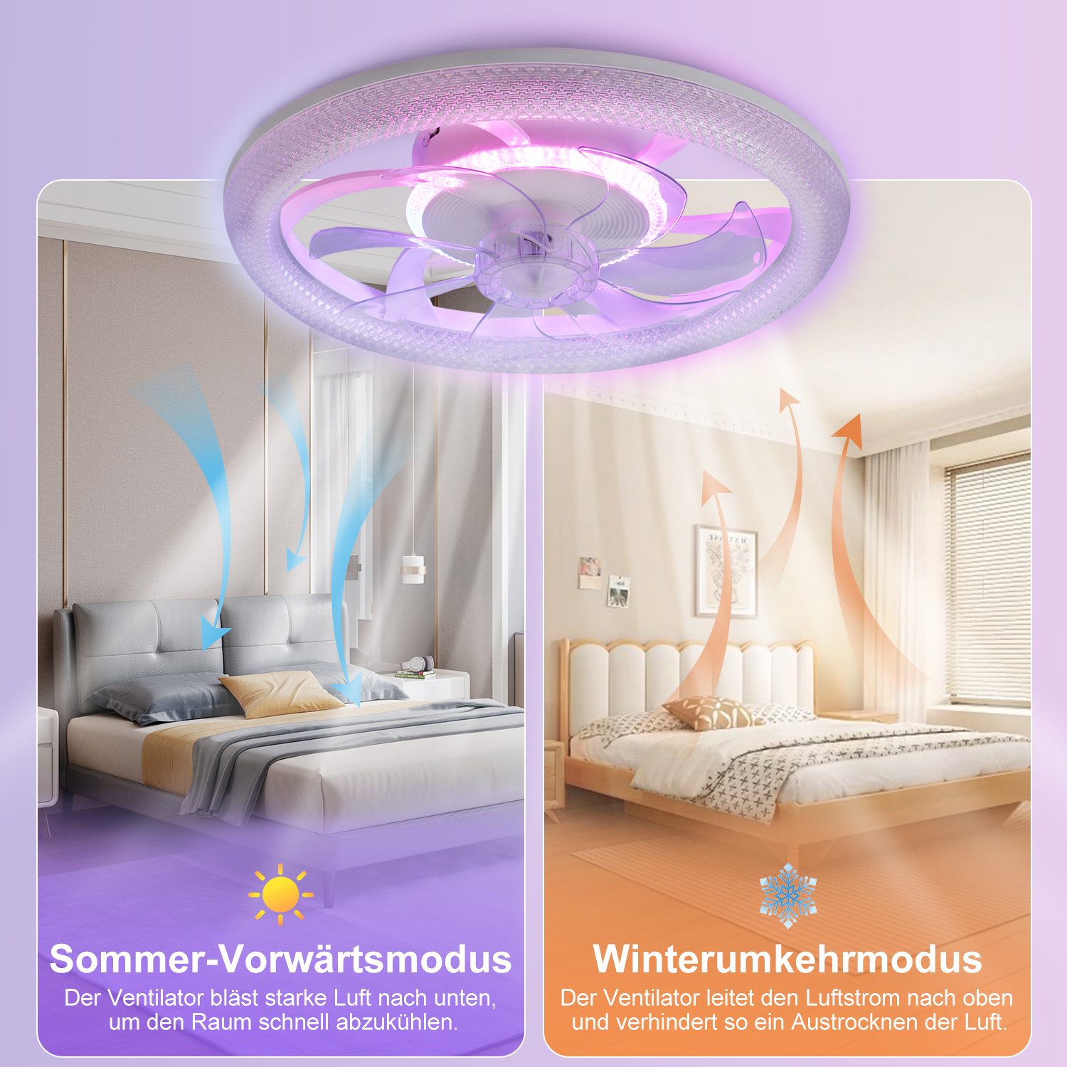 WILGOON Deckenleuchte Deckenventilator mit Beleuchtung, Music RGB Dimmbar mit Fernbedienung, Luftzirkulationsfunktion + Music, LED fest integriert, Warmweiß, Neutralweiß, Kaltweiß, RGB Farbwechsel, Schlafzimmer Leise Ventilator mit Bluetooth für Wohnzimmer Küche Hotel