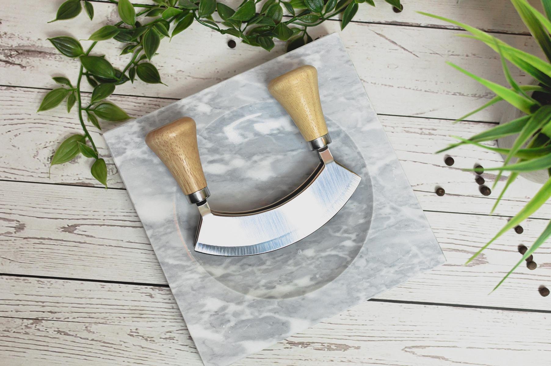 Sendez Kräuterschneidebrett Kräuterbrett aus Marmor mit Wiegemesser 2,7kg Hackbrett