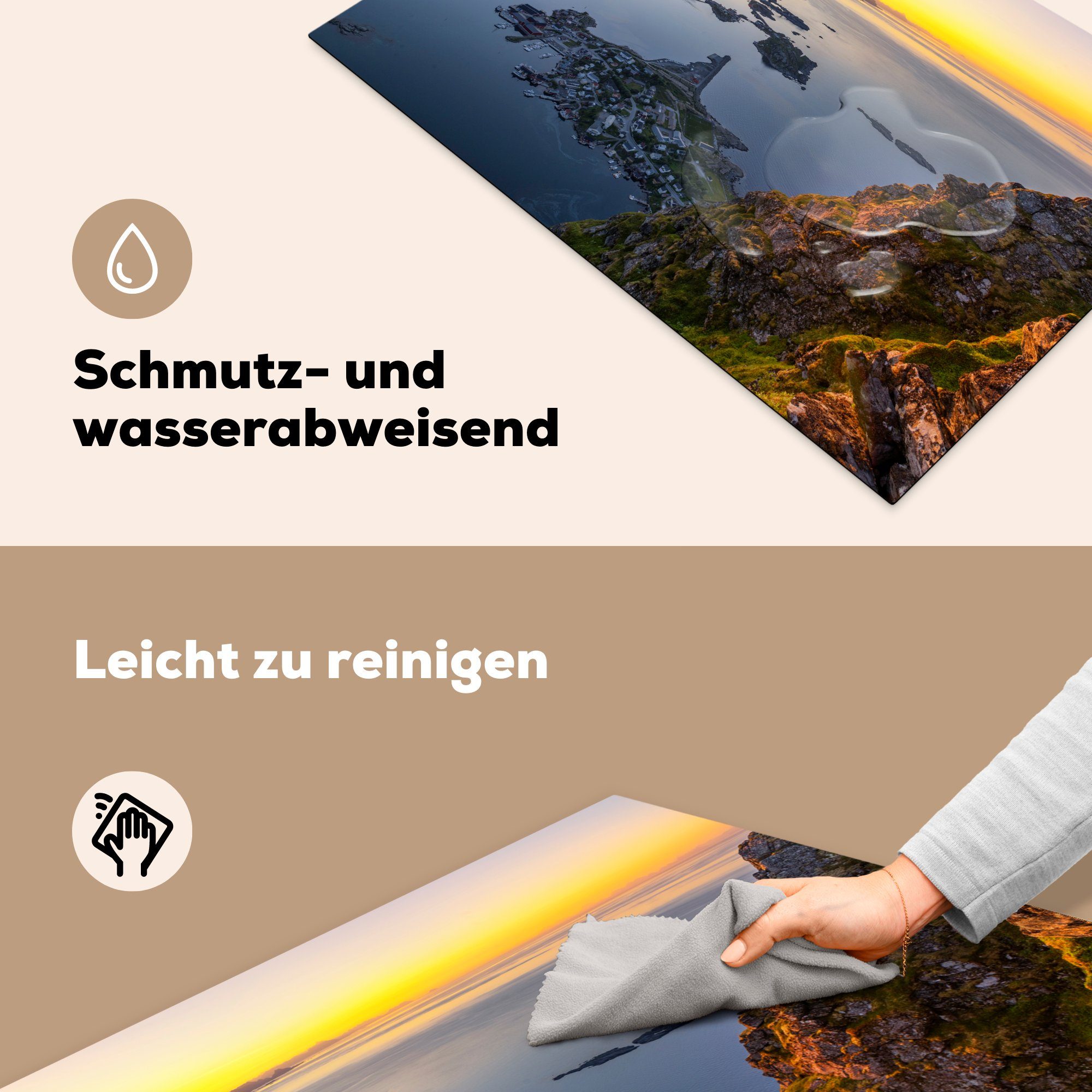 MuchoWow Herdblende-/Abdeckplatte (1 auf für tlg), cm, Ceranfeldabdeckung küche, 81x52 Schutz die Bergen über den Induktionskochfeld den Vinyl, Sonnenuntergang Lofoten