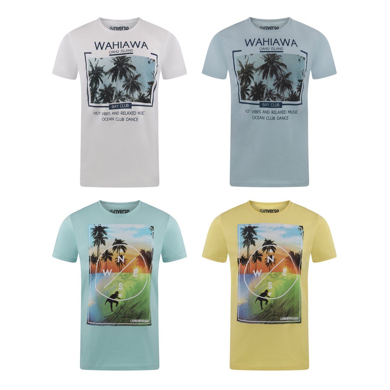 riverso T-Shirt Herren Printshirt RIVLukas 4er Pack Regular Fit (Vorteilspack, 4-tlg) Kurzarm Tee Shirt mit Rundhalsausschnitt aus 100% Baumwolle