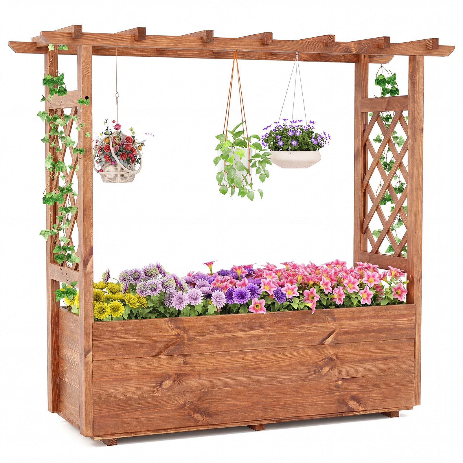 COSTWAY Hochbeet Pflanzkasten mit Rankgitter (1 St), Blumenkasten für Kletterpflanzen, Holz