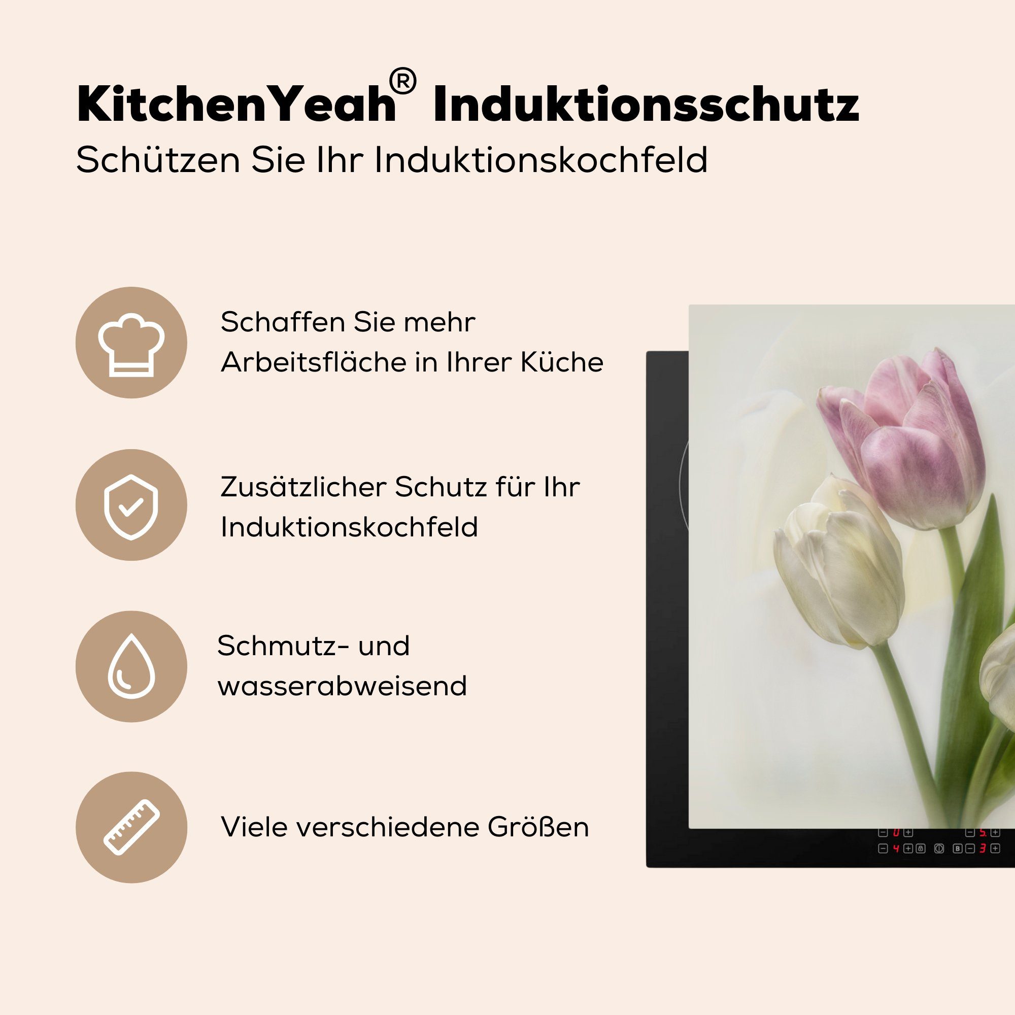 weiße für weißem Arbeitsplatte Tulpen MuchoWow Rosa Herdblende-/Abdeckplatte tlg), 78x78 küche cm, Ceranfeldabdeckung, auf Vinyl, Hintergrund, (1 und