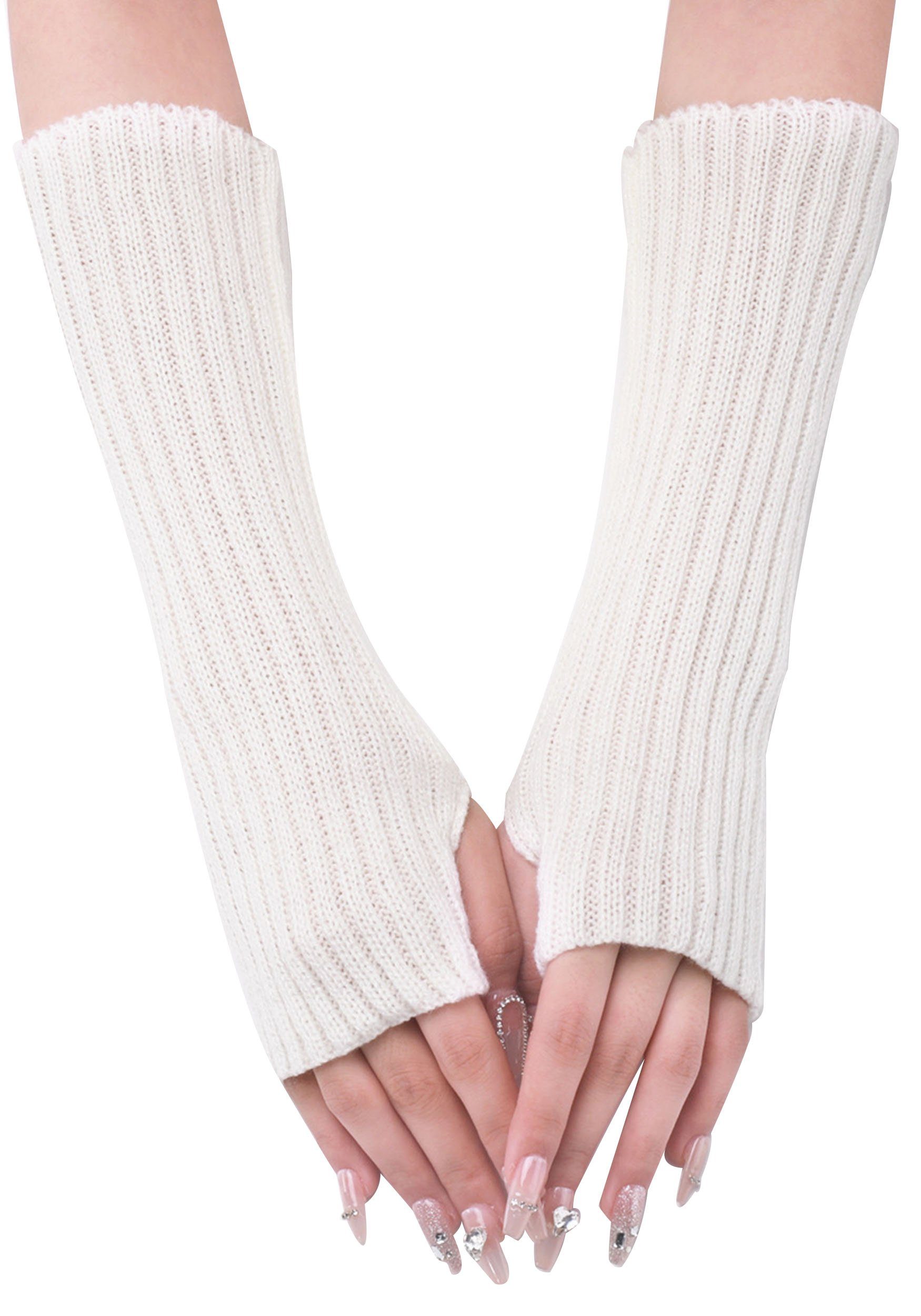 MAGICSHE für Lange Handschuhe Frauen Dehnbare Strickhandschuhe Weiß Armwärmer Fingerlose Daumenloch