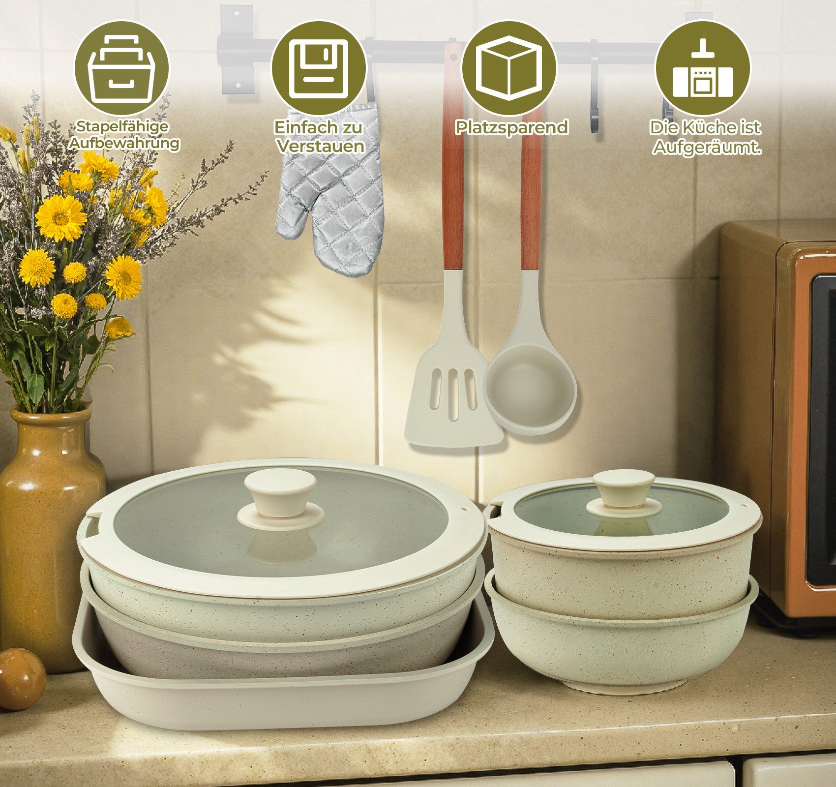 lindahandel Pfannen-Set 23-teiliges Kochset in beige,Antihaft-Pfannen mit abnehmbaren Griffen, Aluminium, Inkl.Töpf&Küchenzubehör,Gleichmäßige Wärmeverteilung einfacheReinigung