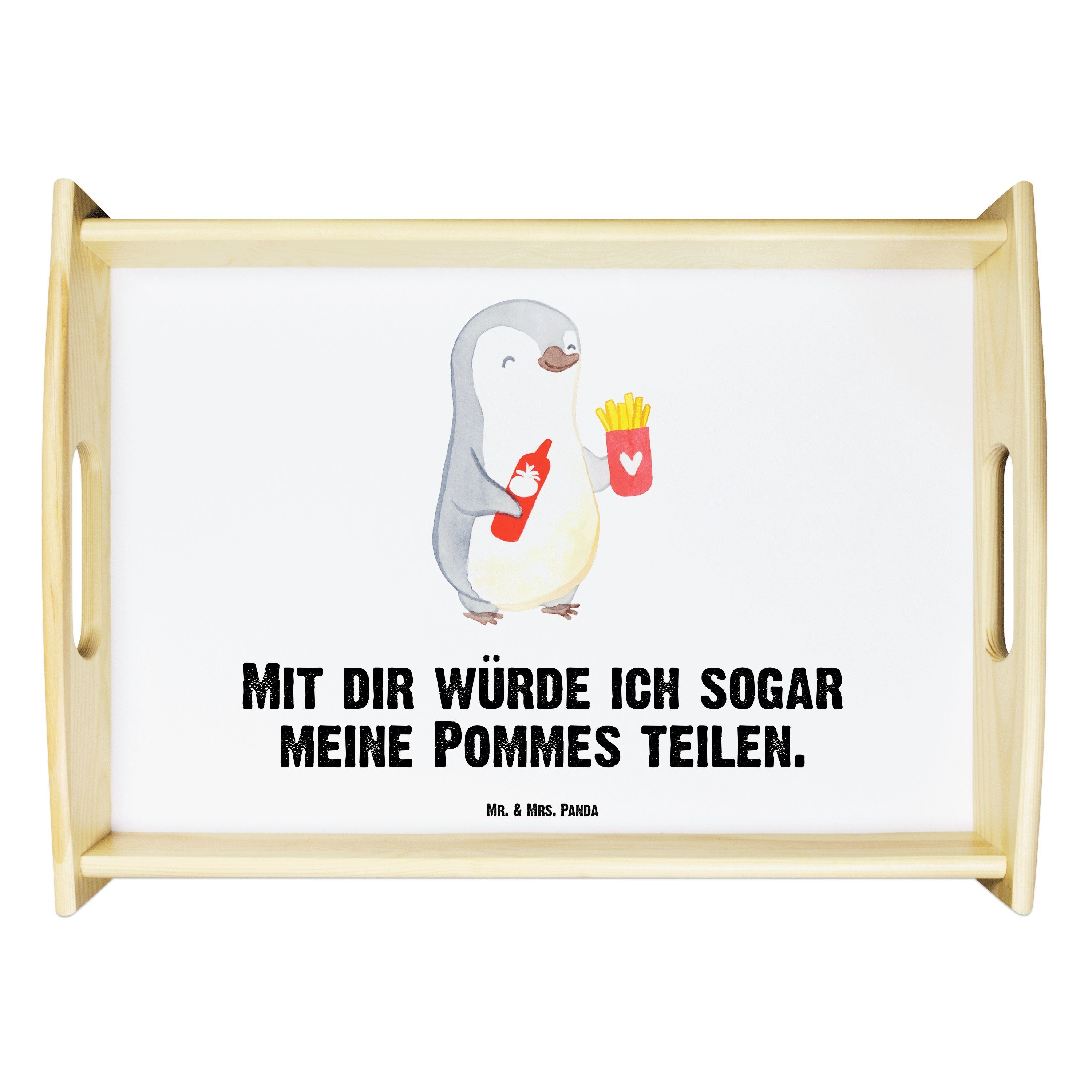 Mr. & Mrs. Panda Tablett Pinguin Pommes - Weiß - Geschenk, Hocheitstag, Dekotablett, Küchentab, Echtholz lasiert, (1-tlg) | Tabletts