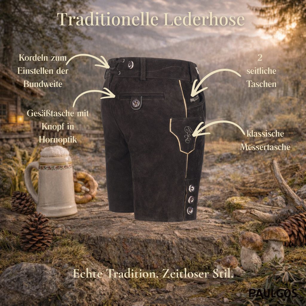 PAULGOS Trachtenhose Herren Lederhose Kurz mit Trägern 100% Echtleder - HK2