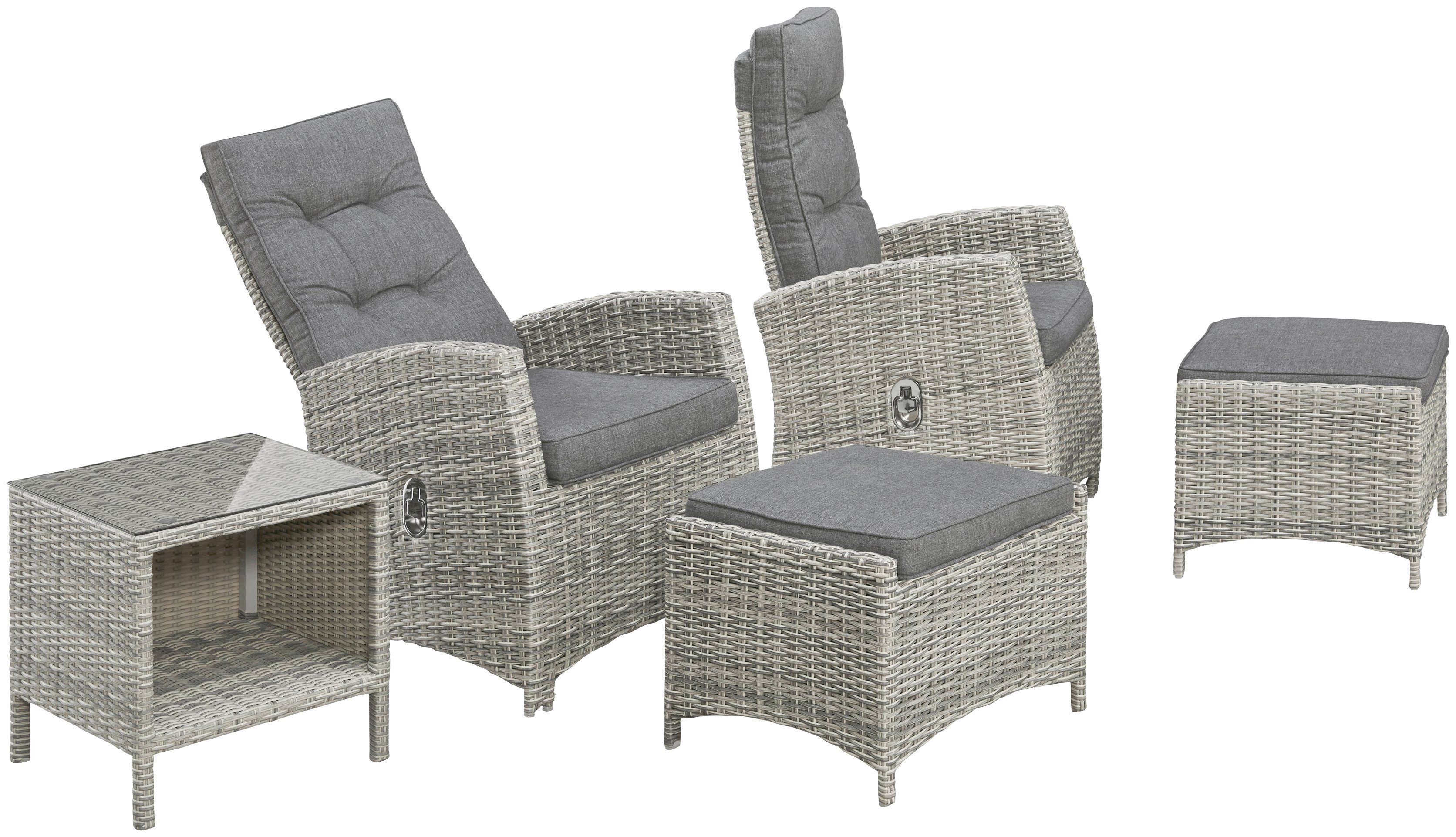 KONIFERA Gartenlounge-Set Monaco, (Set, 11-tlg., 2x Sessel, 2x Hocker, 1x Tisch 49x49 cm, inkl. Auflagen, Aluminium), Polyrattan, Rückenlehnen stufenlos verstellbar