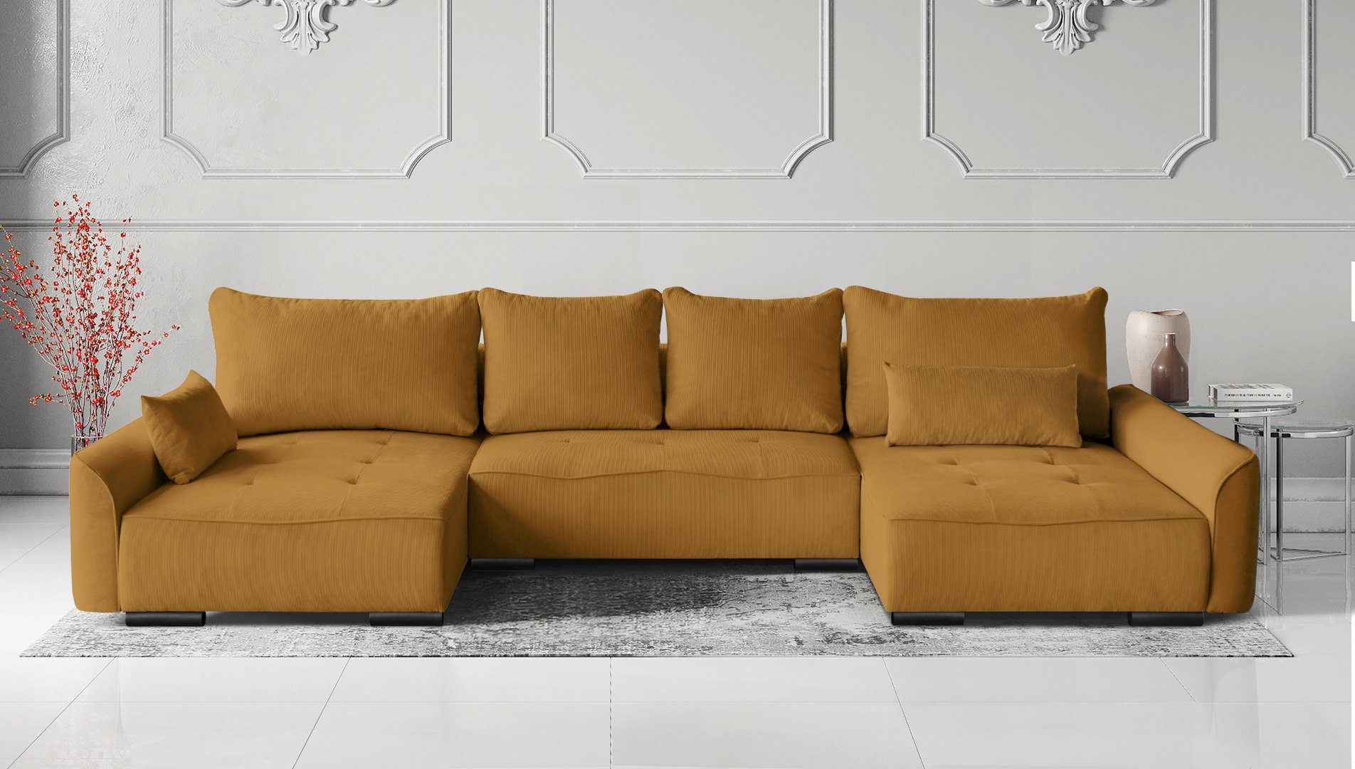 Beautysofa Ecksofa Satin U, mit Schlaffunktion, Bettkasten, universell mane, große U-Form Polsterecke in modernes Stil, 383 cm Schlafecke Ginger (fjord 66)