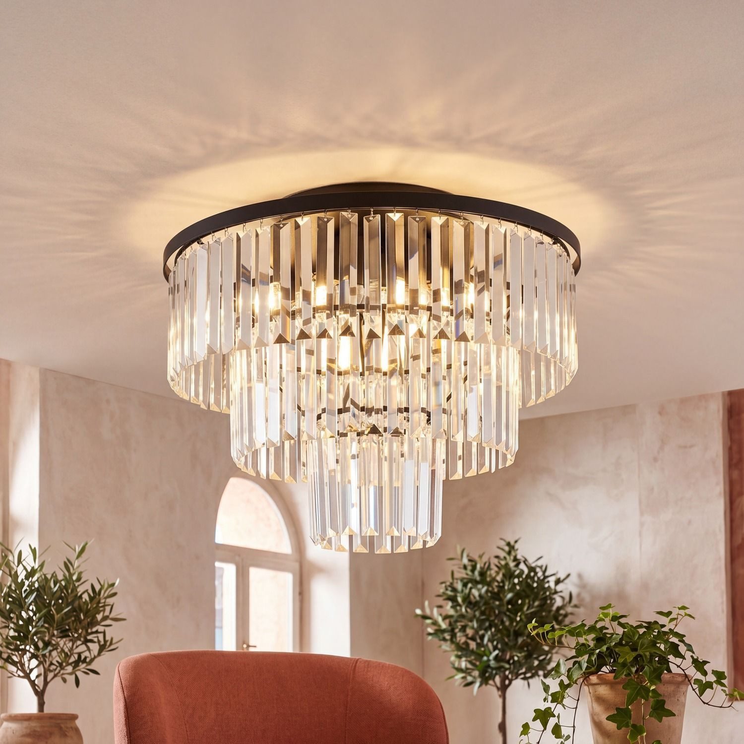 Licht-Erlebnisse Deckenleuchte OSTROWO, ohne Leuchtmittel, Metall Glas E14 Ø 56 cm Schwarz rund Art Déco Kristall
