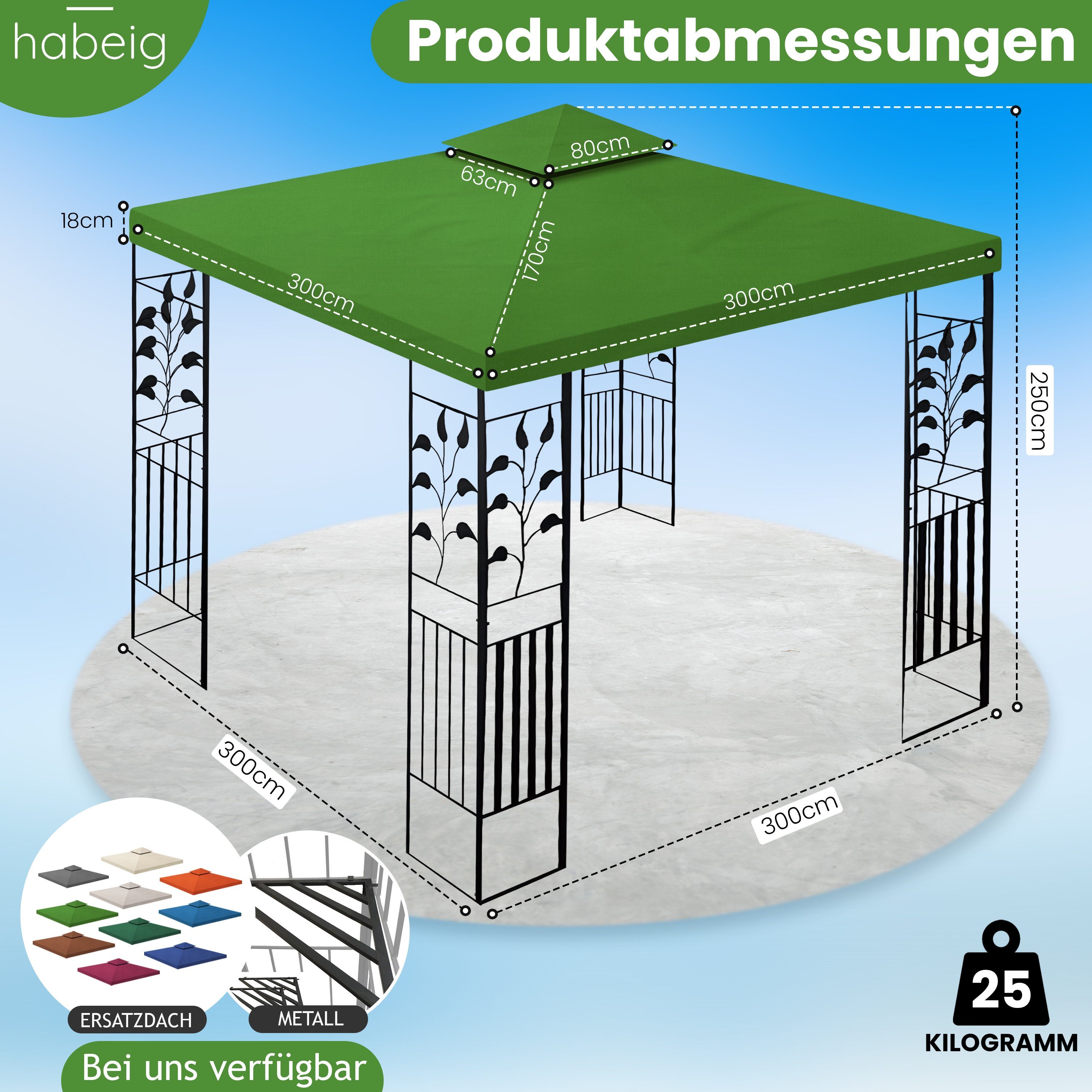 habeig Pavillon 100% Wasserdicht Toskana Metallpavillon 3x3m inkl. Dach wasserfest, 100% Wasserdicht