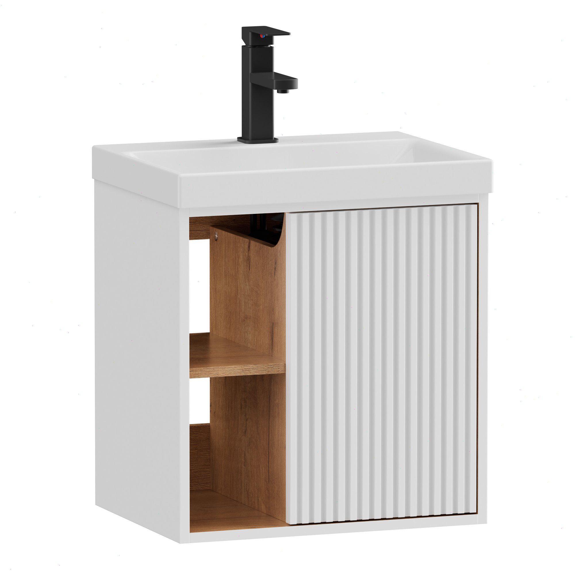 UEV Waschtisch klein Waschbecken mit Unterschrank set Badmöbel Gäste-WC hängend 50cm (Waschplatz ausreichend Stauraum,Badmöbel Set für Badezimmer, Unterschrank mit Harzbecken Wasserhahn Pop-up-Ablassventil), Waschtischunterschrank hängend Breit 50cm