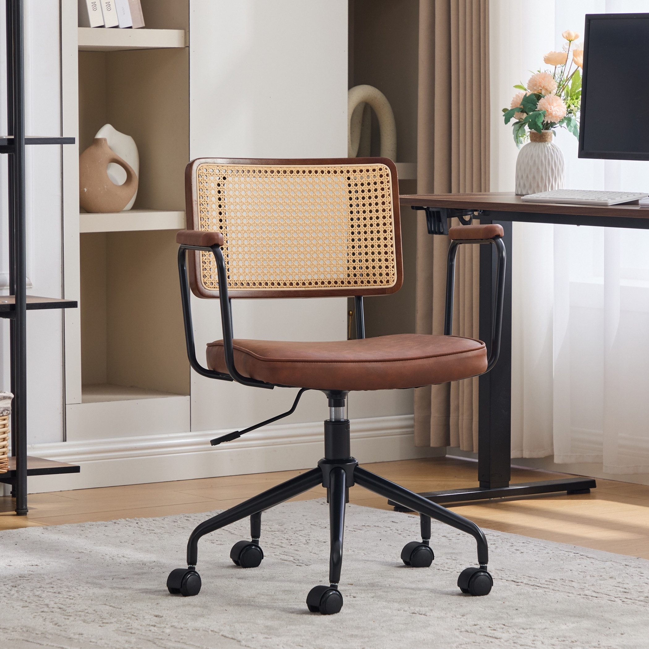 SeedWave Bürostuhl mit Rattan-Rückenlehne, Höhenverstellbarer Drehstuhl mit Polstersitz, Metallgestell Schreibtischstuhl im Industrial Stil für Home Office
