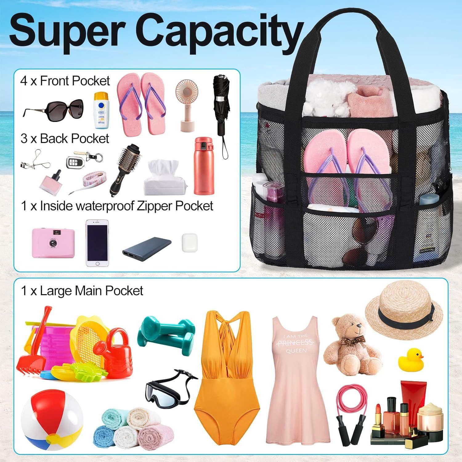 FELIXLEO Strandtasche XL Netz Strandtasche Damen wasserdicht Faltbar Reißverschluss (1-tlg)