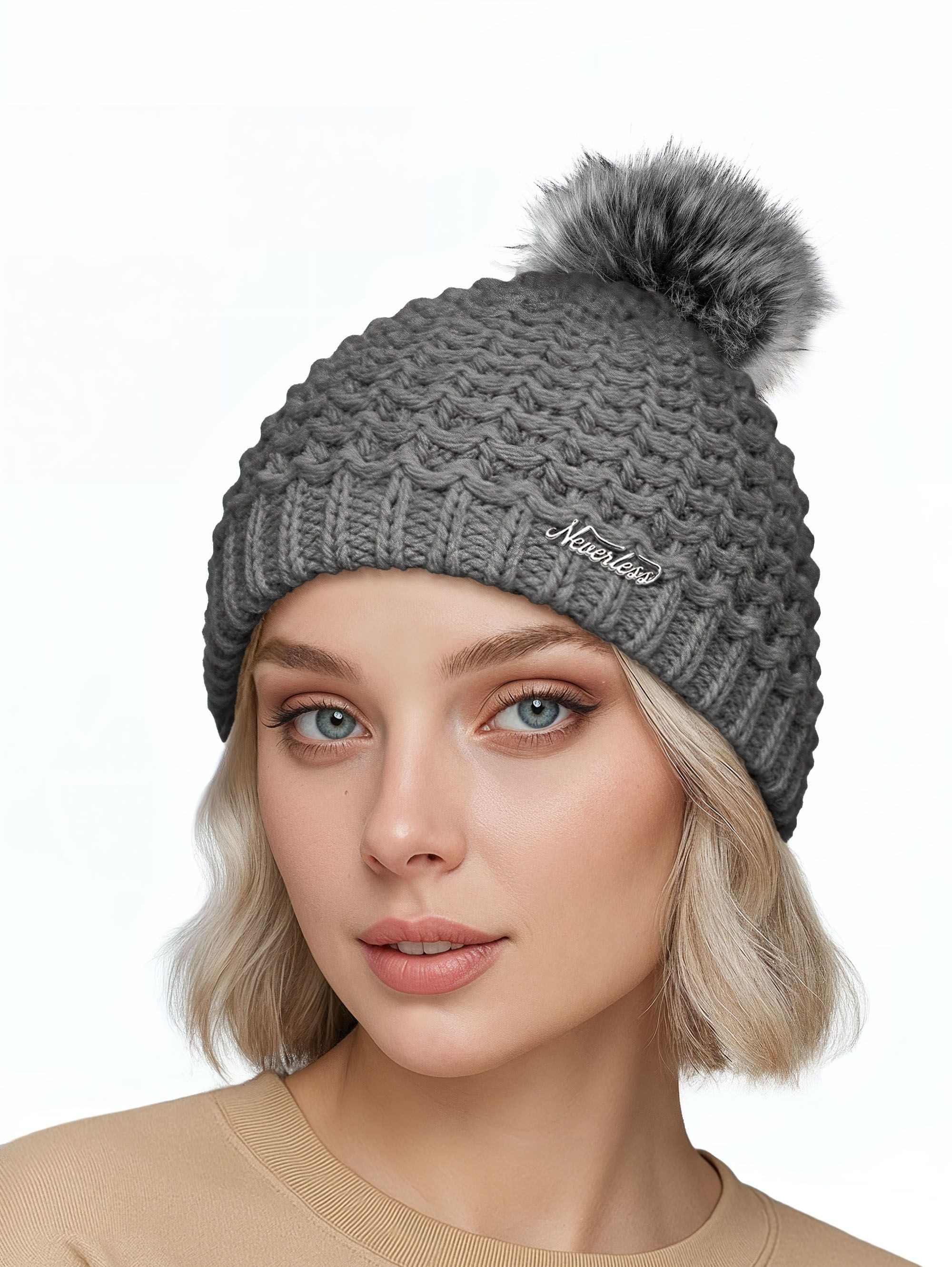 Neverless Strickmütze Damen Strickmütze Perlstrickmuster Pudelmütze Wintermütze ohne