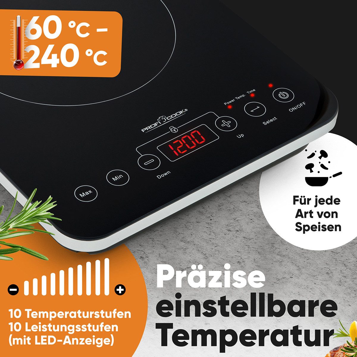 ProfiCook Einzel-Induktionskochplatte PC-EKI 1062, Induktionskochplatte, 10 Stufen, 60°-240°C