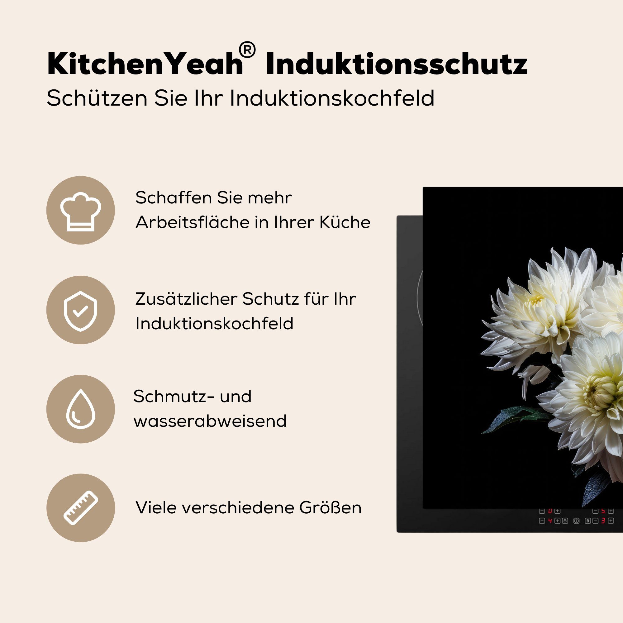 - tlg), Mobile - Arbeitsfläche Botanisch, - 60x52 nutzbar, cm, - MuchoWow Blumen Weiß Ceranfeldabdeckung Natur (1 Chrysantheme Herdblende-/Abdeckplatte Vinyl,