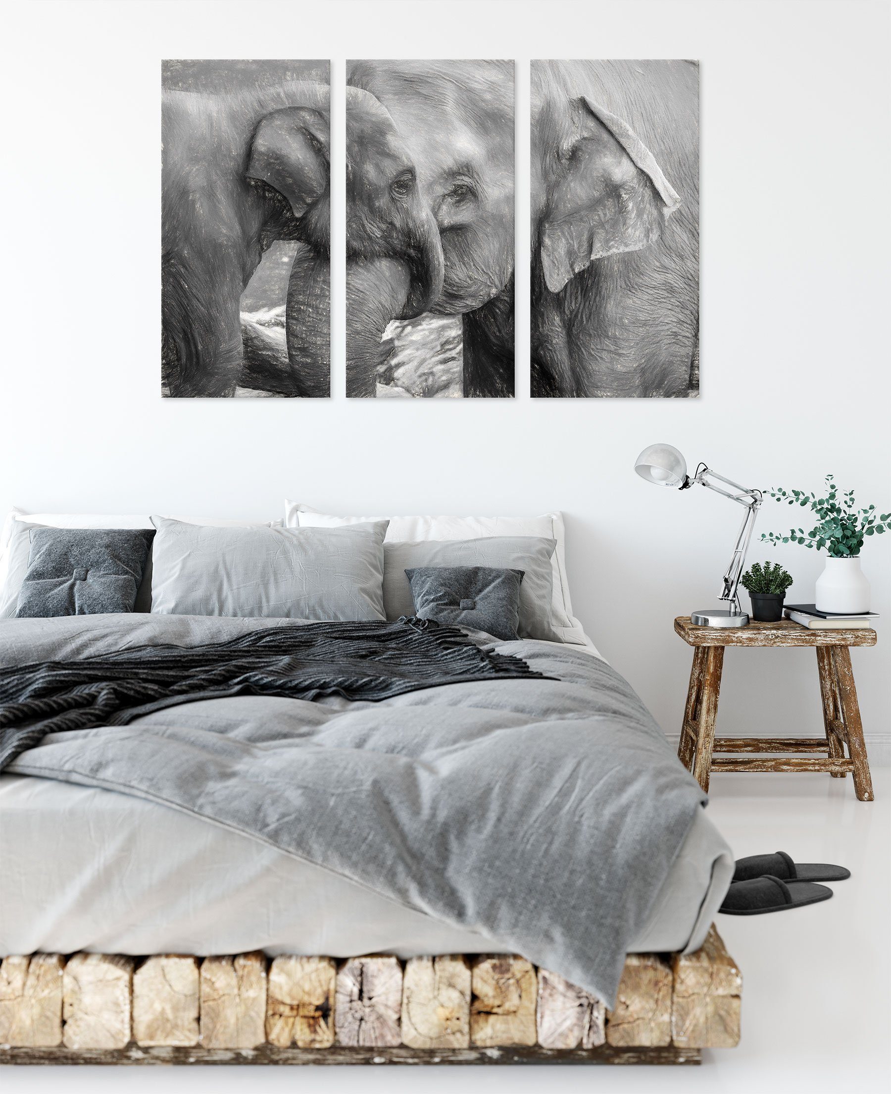 Pixxprint Leinwandbild Elefantenmutter St), mit Kalb inkl. Kalb, mit Zackenaufhänger 3Teiler (120x80cm) bespannt, (1 fertig Leinwandbild Elefantenmutter