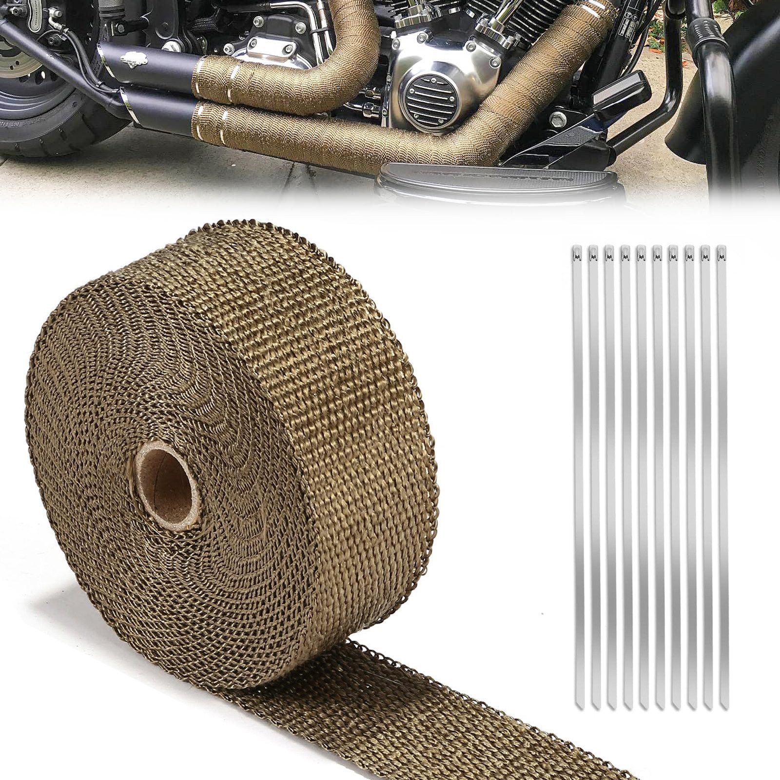 BlingBin Auspuff-Flexrohr Hitzeschutzband Basaltfaser, 10M Auspuffband mit Kabelbindern, (Motorrad Auspuffisolierung, 1-tlg), Bogen, Verlängerung, T-Stück, Reinigungsrohr, Gelenkbogen, für Motorrad & Auto, Hochtemperatur Isolierung, Krümmerband