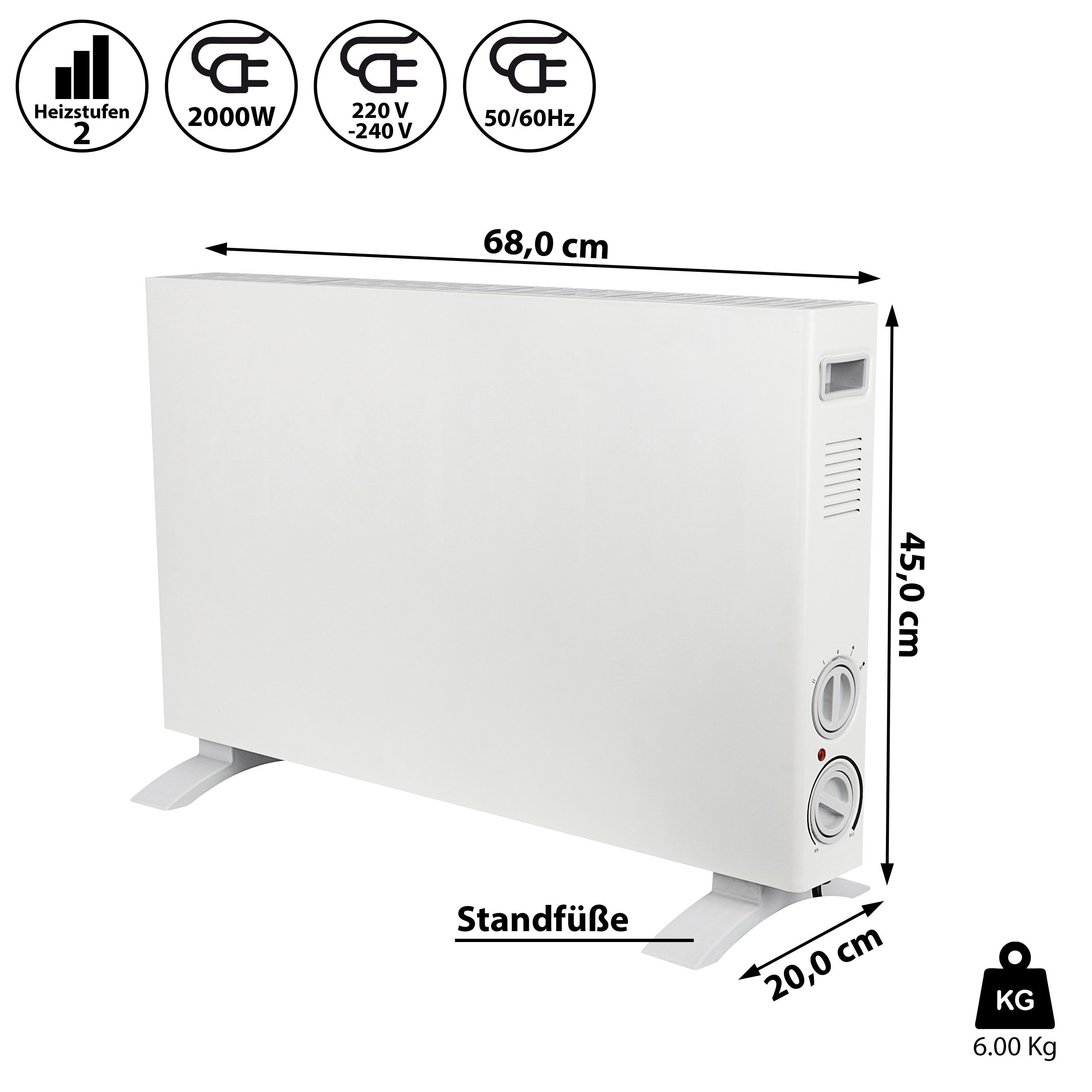 CEPEWA Heizlüfter Konvektorheizung weiß 1250W/2000W Überhitzungsschutz Abschaltautomatik