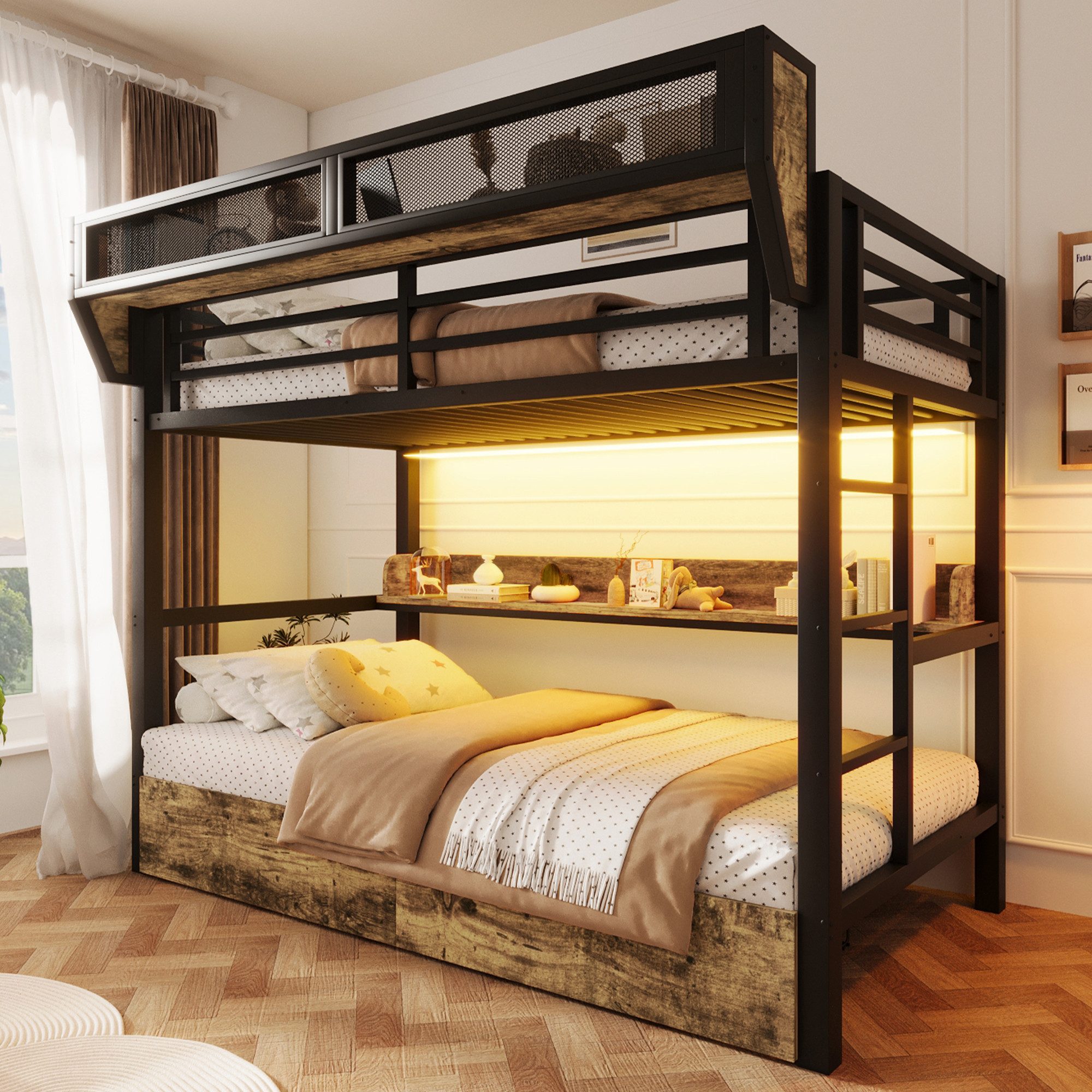 Flieks Etagenbett, Metallbett 90x200cm mit Schubladen LED-Beleuchtung Aufbewahrungskorb