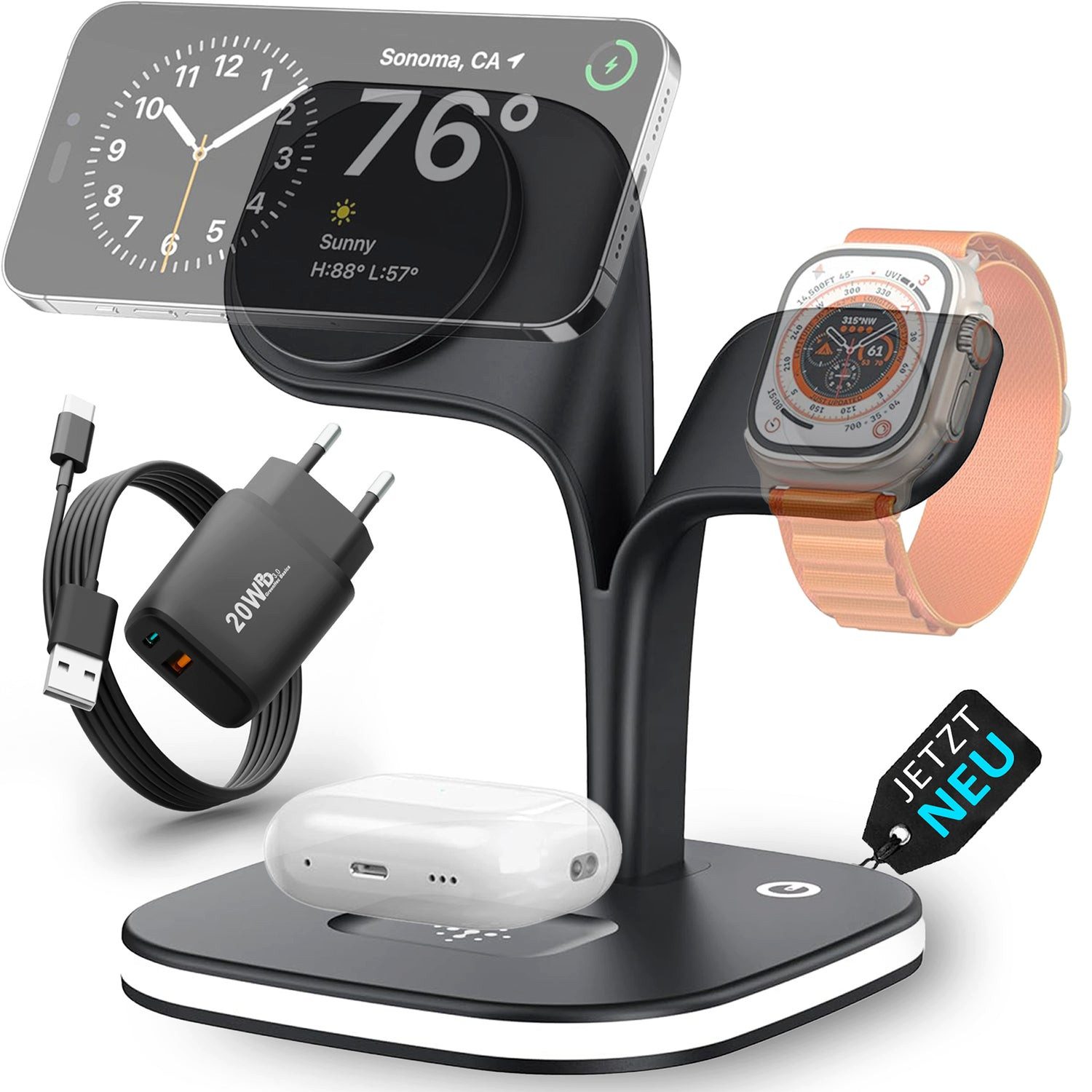 GreenHec Ladestation 3in1 MagSafe Ladegerät Kabellos Induktiv Charger Stand Wireless Charger (3 mA, Spar-Set, 3in1 PowerBase + USB-C Kabel + 20w Dual Charger, iPhone 18 17 16 15 14 13 Pro Max Air, Airpods, Apple Watch Wireless)