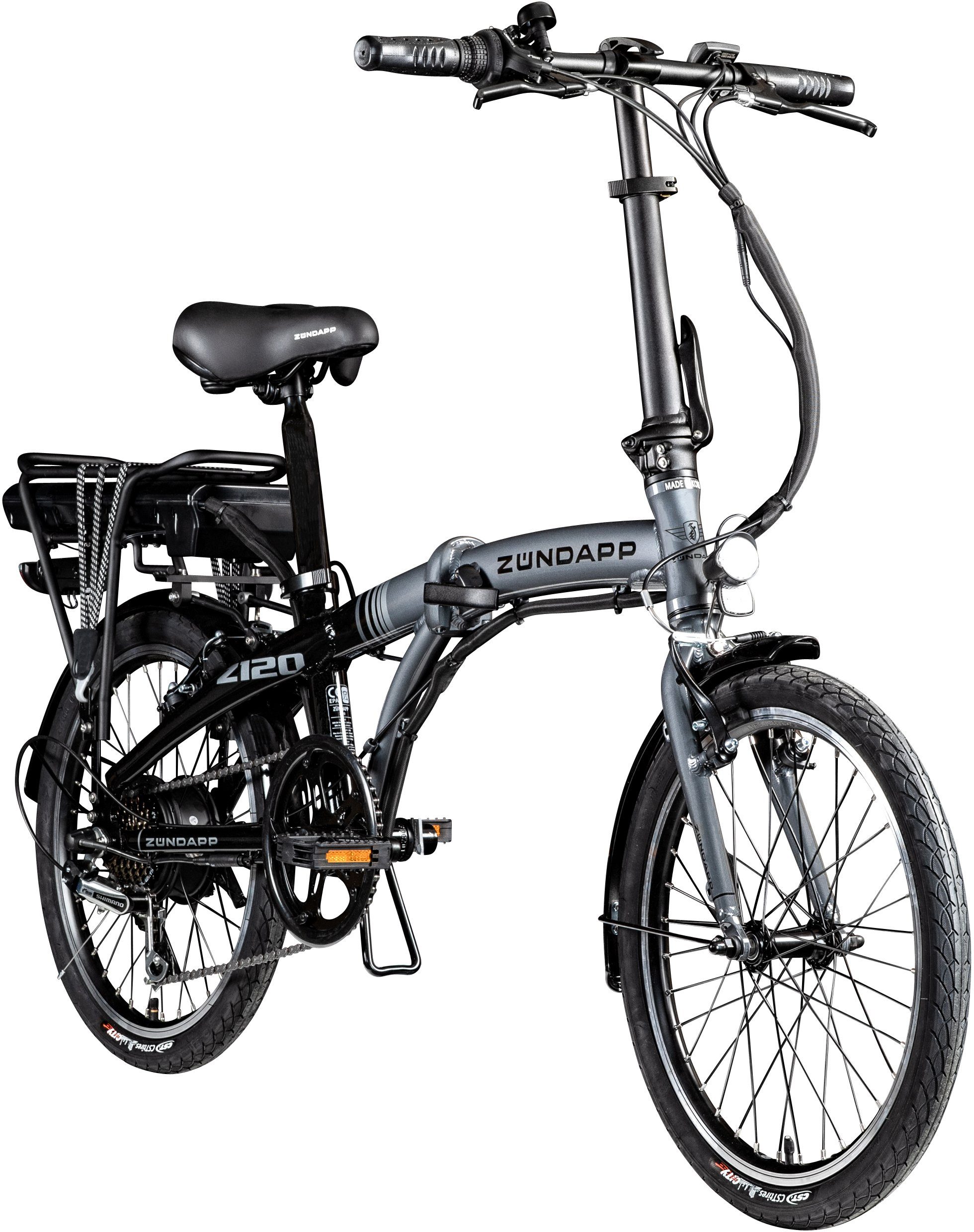 Zündapp E-Bike Z120, 7 Gang Shimano Tourney Schaltwerk, Kettenschaltung,  Heckmotor, 374,4 Wh Akku, praktisches Elektroklapprad für Fahrer zwischen  150 und 185 cm Körpergröße