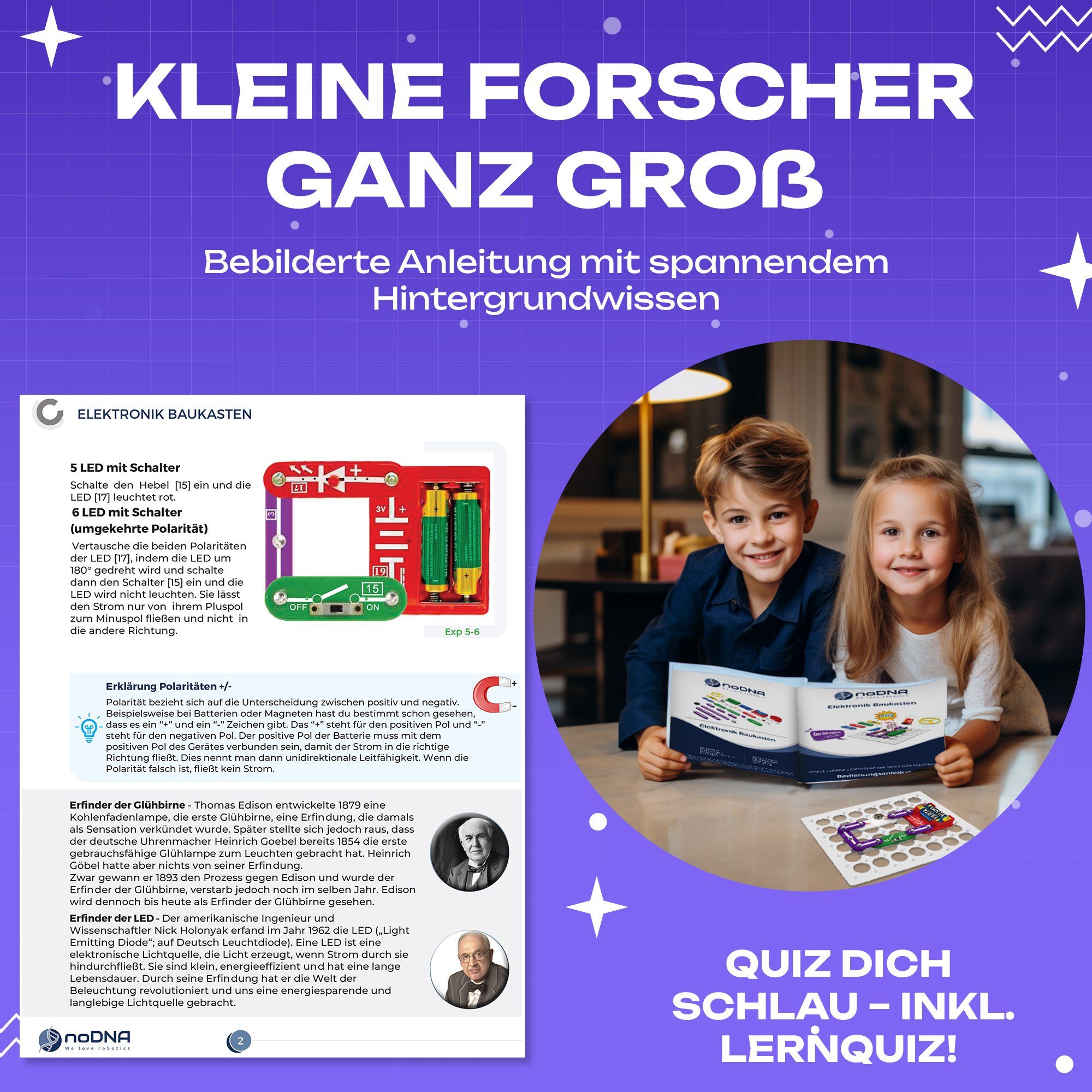 noDNA We love robotics Experiment Kit Electronics Construction Kit for children aged 8 and up, including learning quiz & illustrated instructions