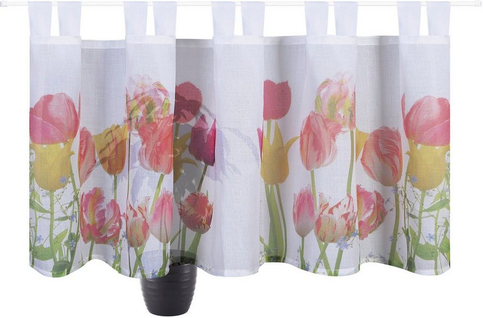 Gardine Bella, Gerster, Schlaufen (1 St), transparent, Wirkware,  Schlaufenpanneau bestickt mit Blumen