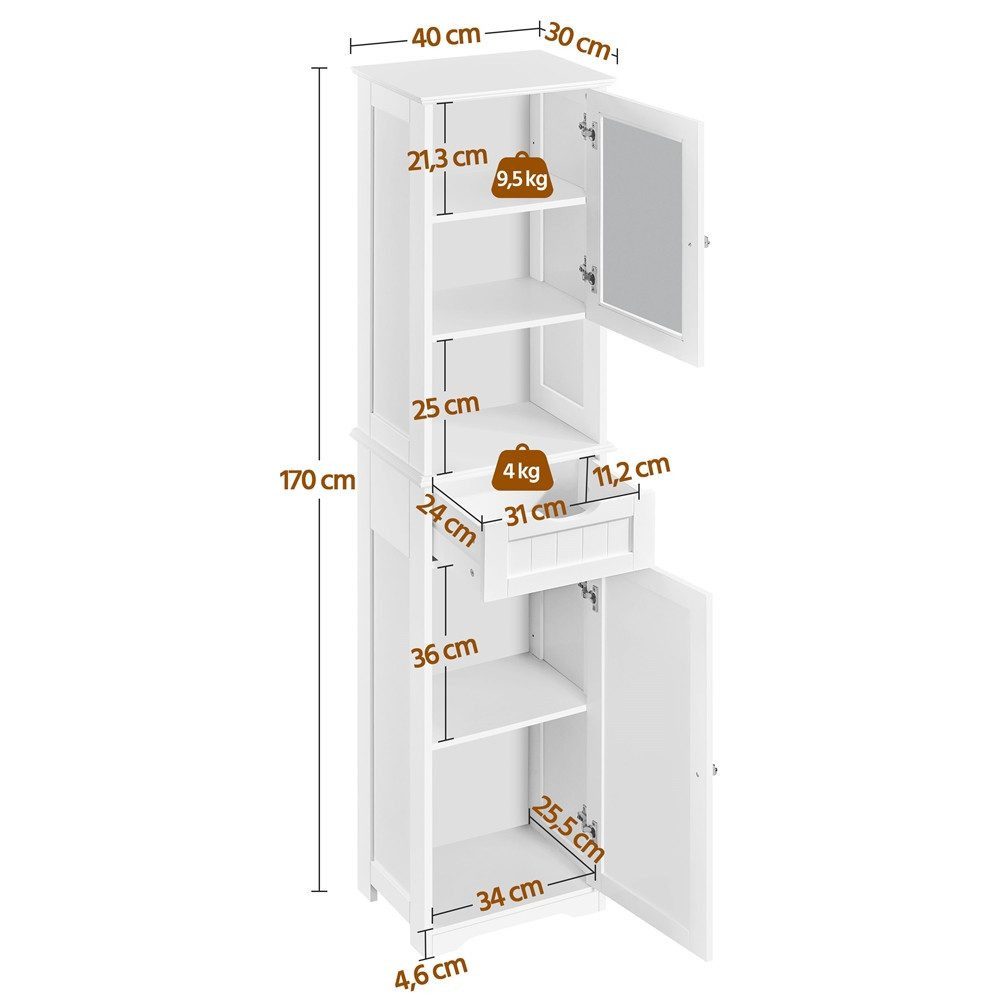 Yaheetech Hochschrank mit Glastür & Schublade & Schrank 40 x 30 x 170 cm Badezimmerschrank Küchenschrank, 2 Einlegeböden höhenverstellbar – Bild 4 von 5