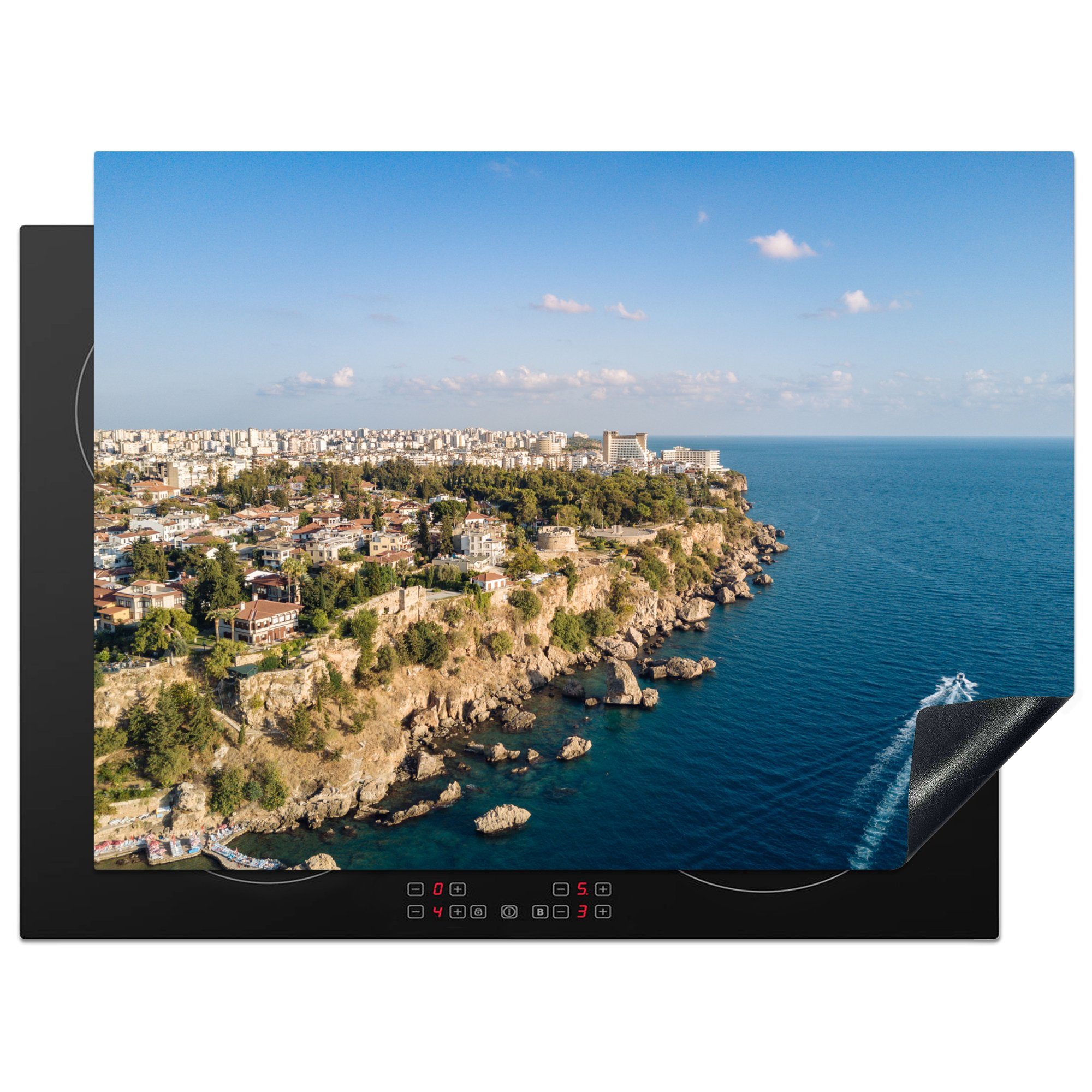 MuchoWow Herdblende-/Abdeckplatte Luftaufnahme der Stadt Antalya in der Türkei, Vinyl, (1 tlg), 71x52 cm, Induktionskochfeld Schutz für die küche, Ceranfeldabdeckung