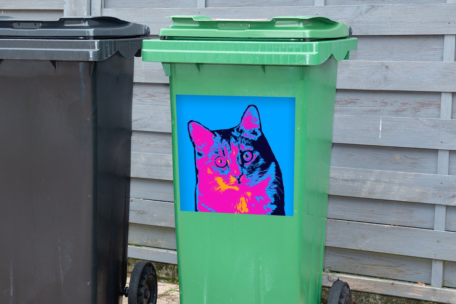 Mülltonne, Katze Wandsticker Sticker, MuchoWow Pop-Art-Porträt Container, einer Mülleimer-aufkleber, Abfalbehälter (1 Ein St),