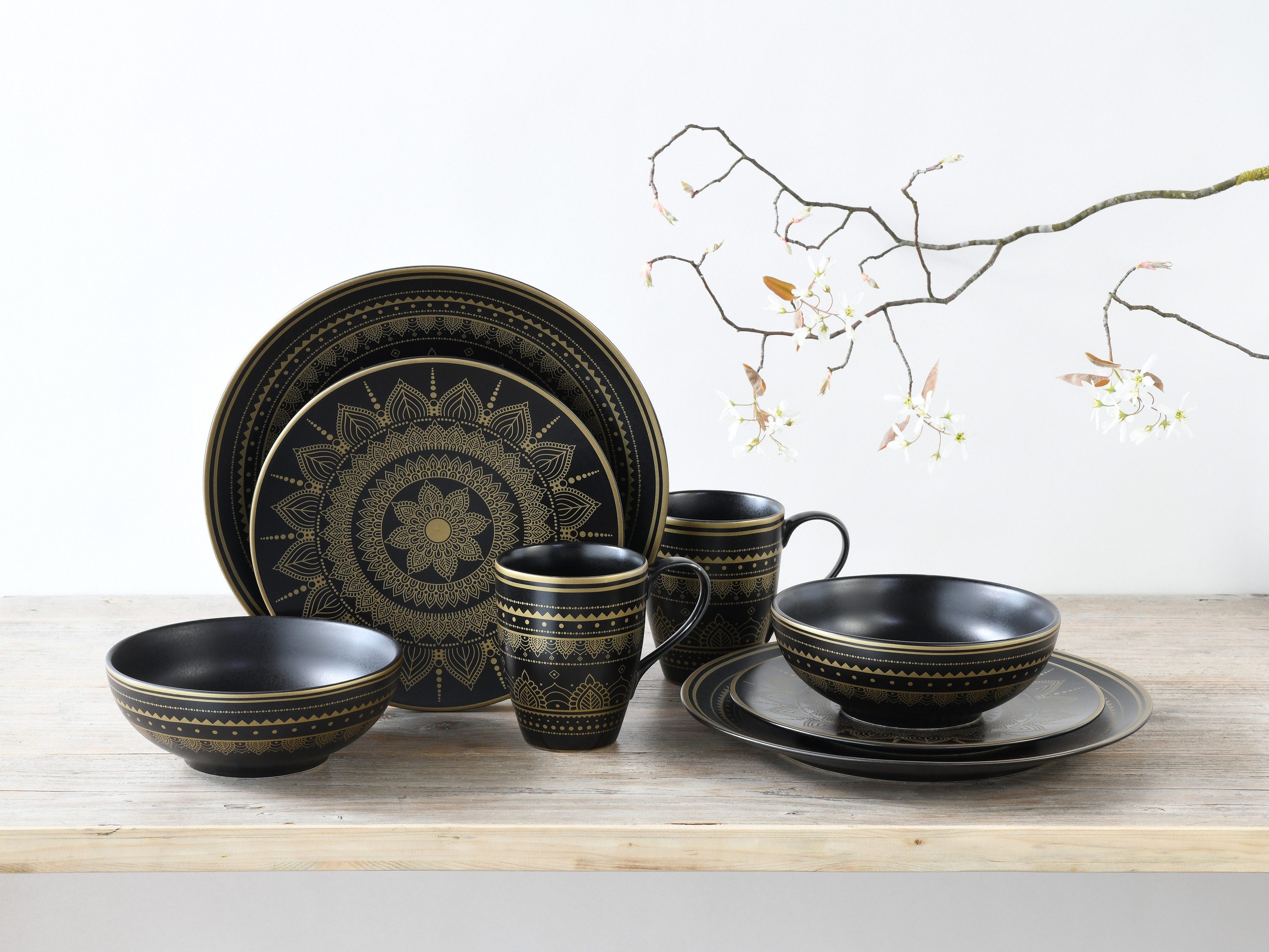CreaTable Kombiservice Mandala Gold Gold-Schwarz (8-tlg), 2 Personen, Steinzeug