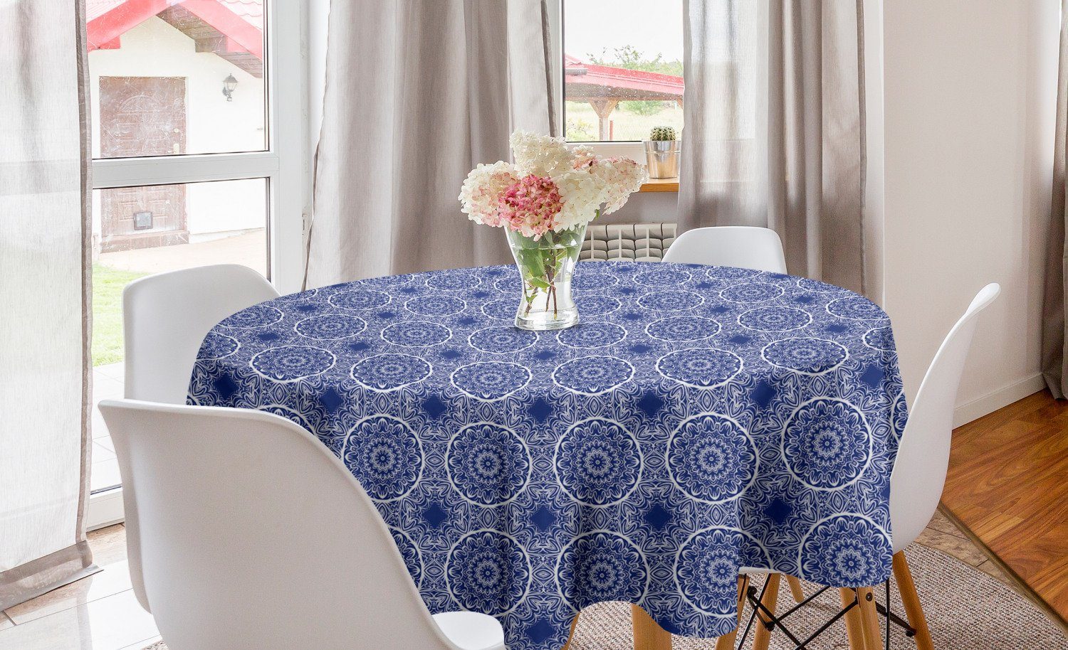 Tischdecke Blauer Esszimmer Orient Küche Mandala Floral Tischdecke Abakuhaus Abdeckung Kreis Abstrakt für Dekoration,