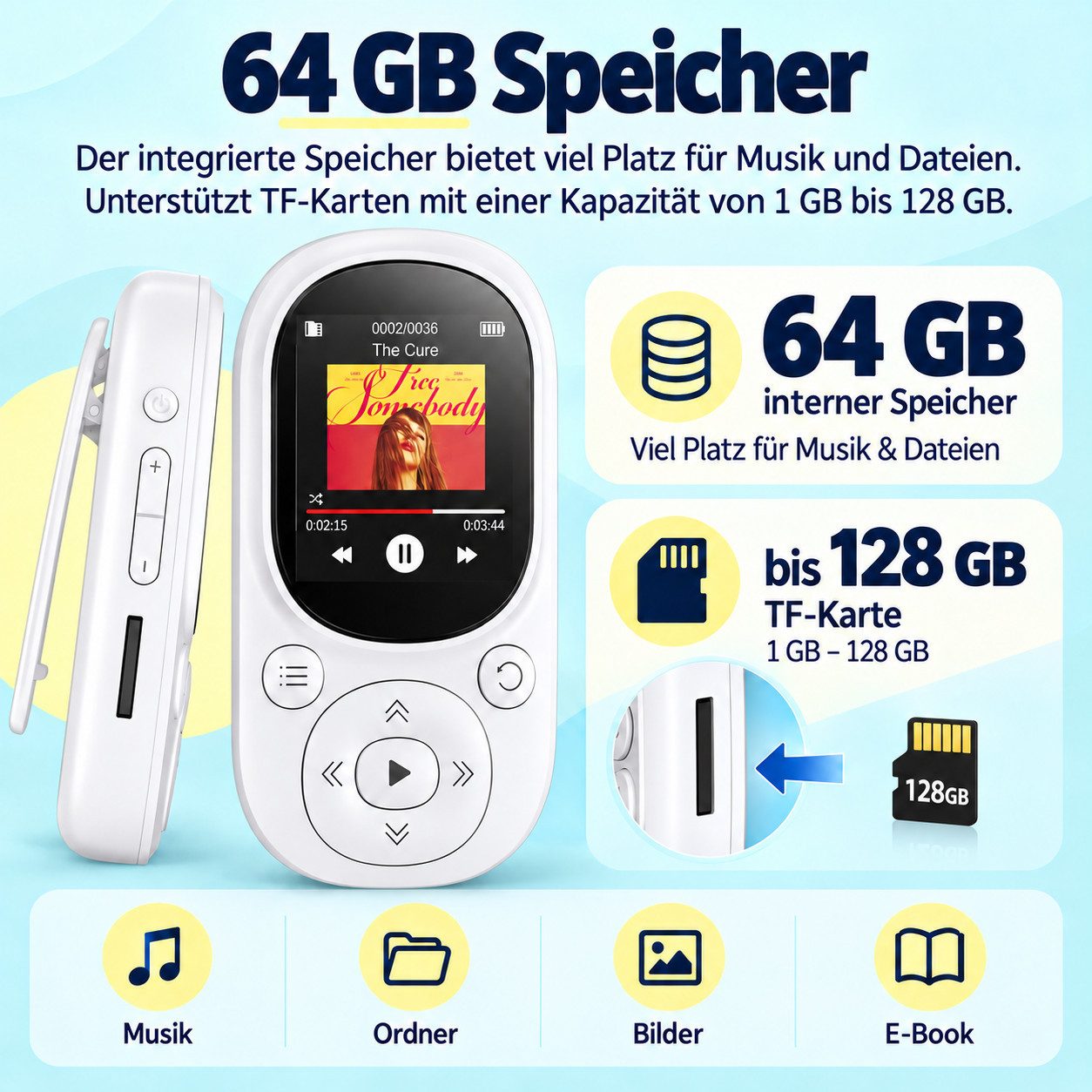 Lisabonde MP3-Player Bluetooth 5.3 64GB mit Clip & FM-Radio Sport MP4-Player (64 GB, Bluetooth 5.3) – Bild 5 von 5
