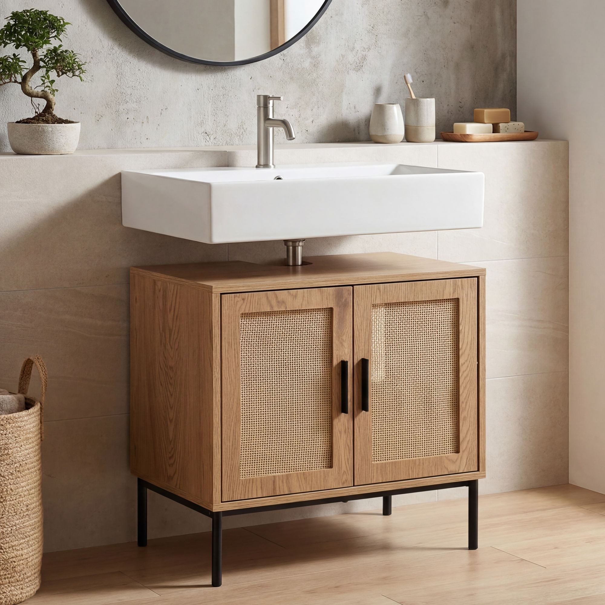 FINEBUY Waschbeckenunterschrank FB104642 Badschrank 60x60x40 cm Unterschrank Eiche (mit Türen, Rattan Eiche-Optik, 60x60x40 cm Modern) Unterschrank Waschbecken, Waschtisch Midischrank