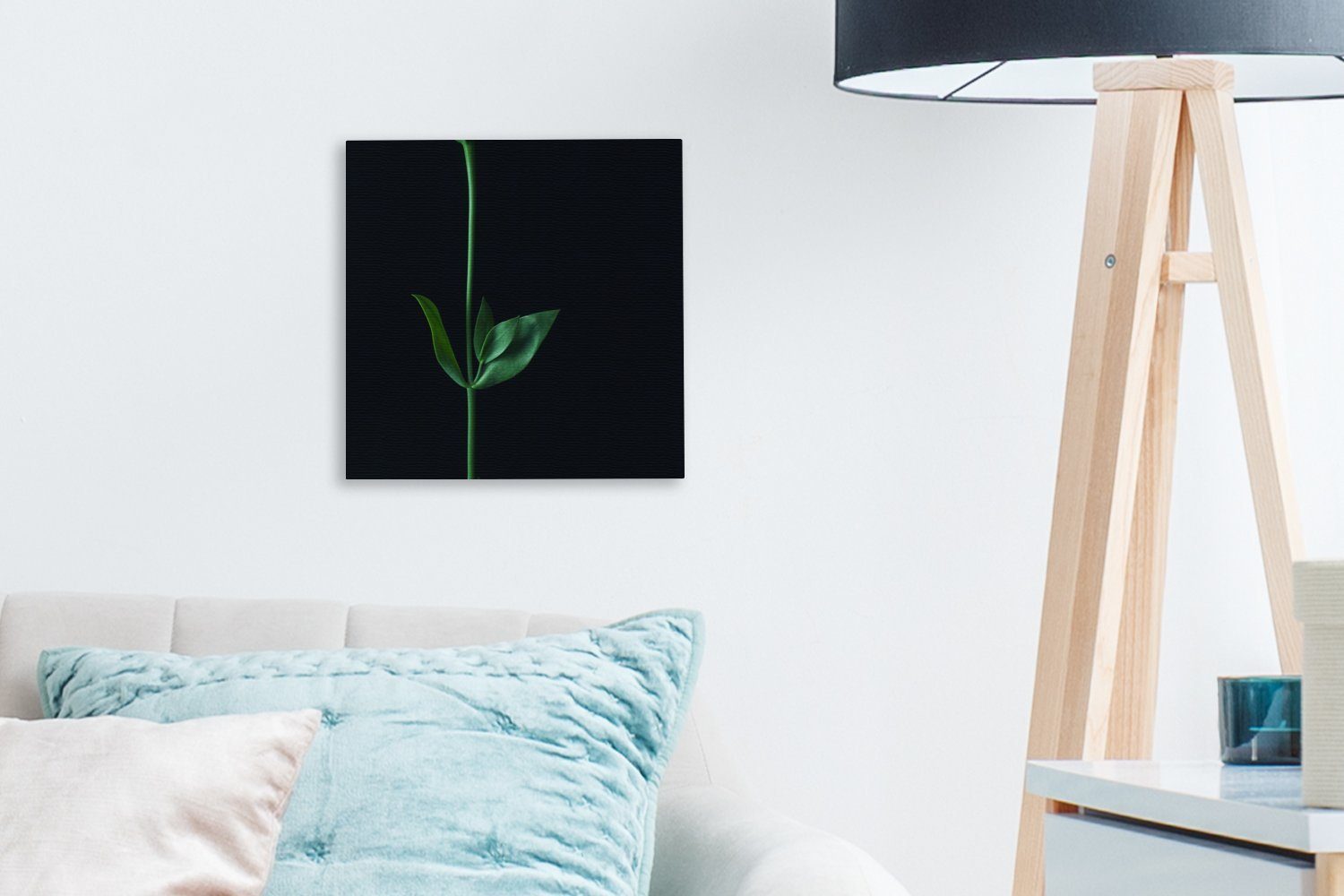 mit Schlafzimmer auf OneMillionCanvasses® Stiel schwarzem für Leinwandbild Blättern (1 St), Hintergrund, Leinwand zwei Ein grüner Bilder Wohnzimmer